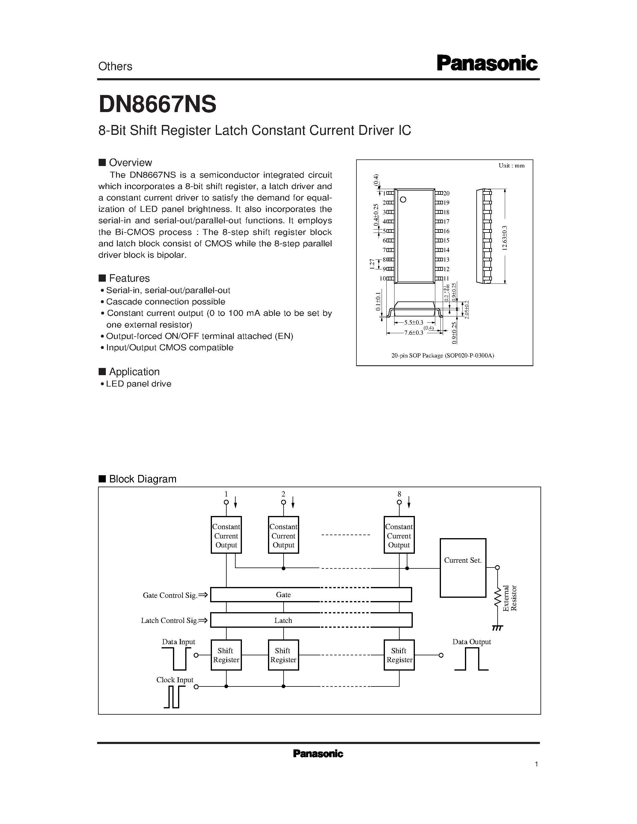 Datasheet DN8667NS page 1 Datasheet DN8667NS - 8-Bit Shift Register Latch Constant Current Driver IC page 1