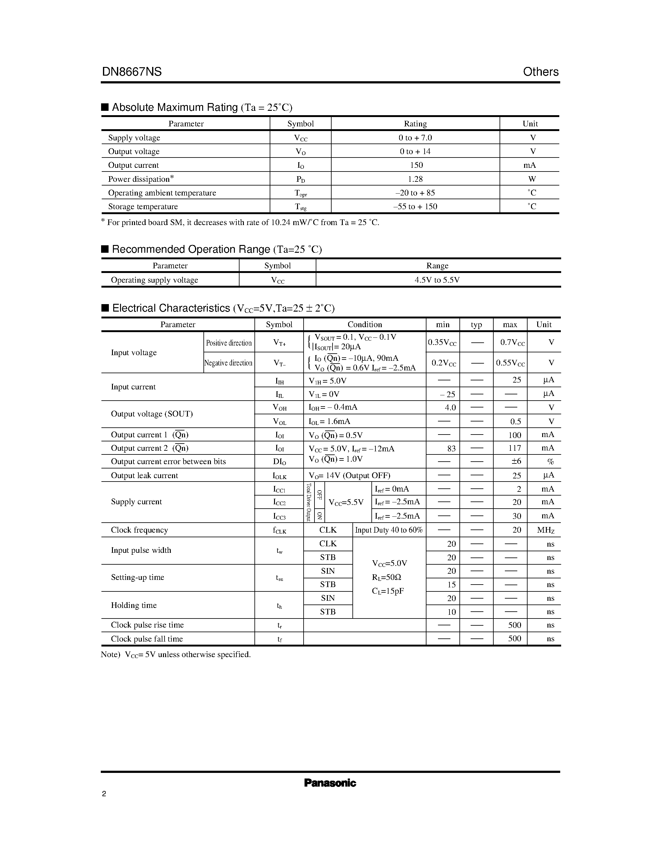 Datasheet DN8667NS page 2 Datasheet DN8667NS - 8-Bit Shift Register Latch Constant Current Driver IC page 2
