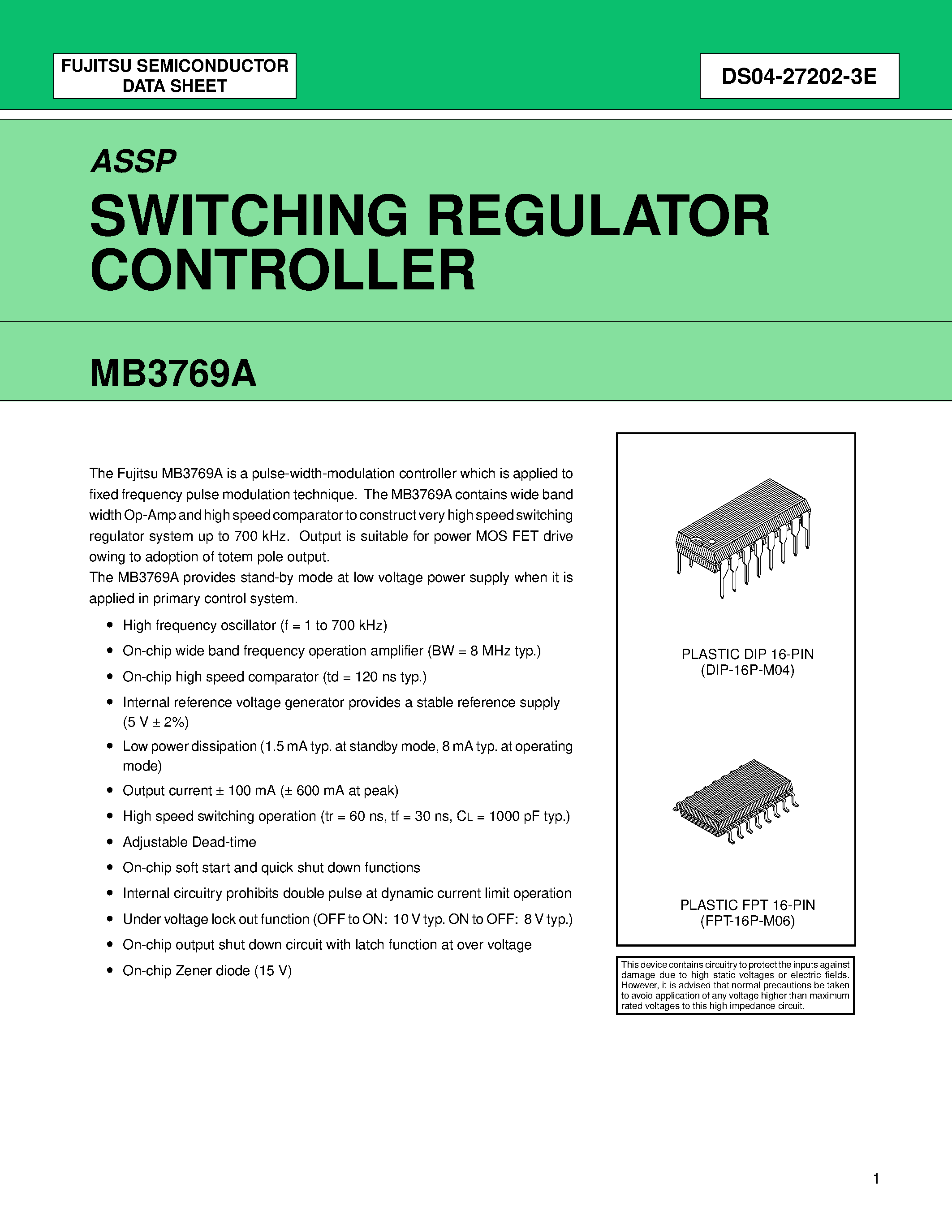 Datasheet MB3769A page 1 Datasheet MB3769A - SWITCHING REGULATOR CONTROLLER page 1