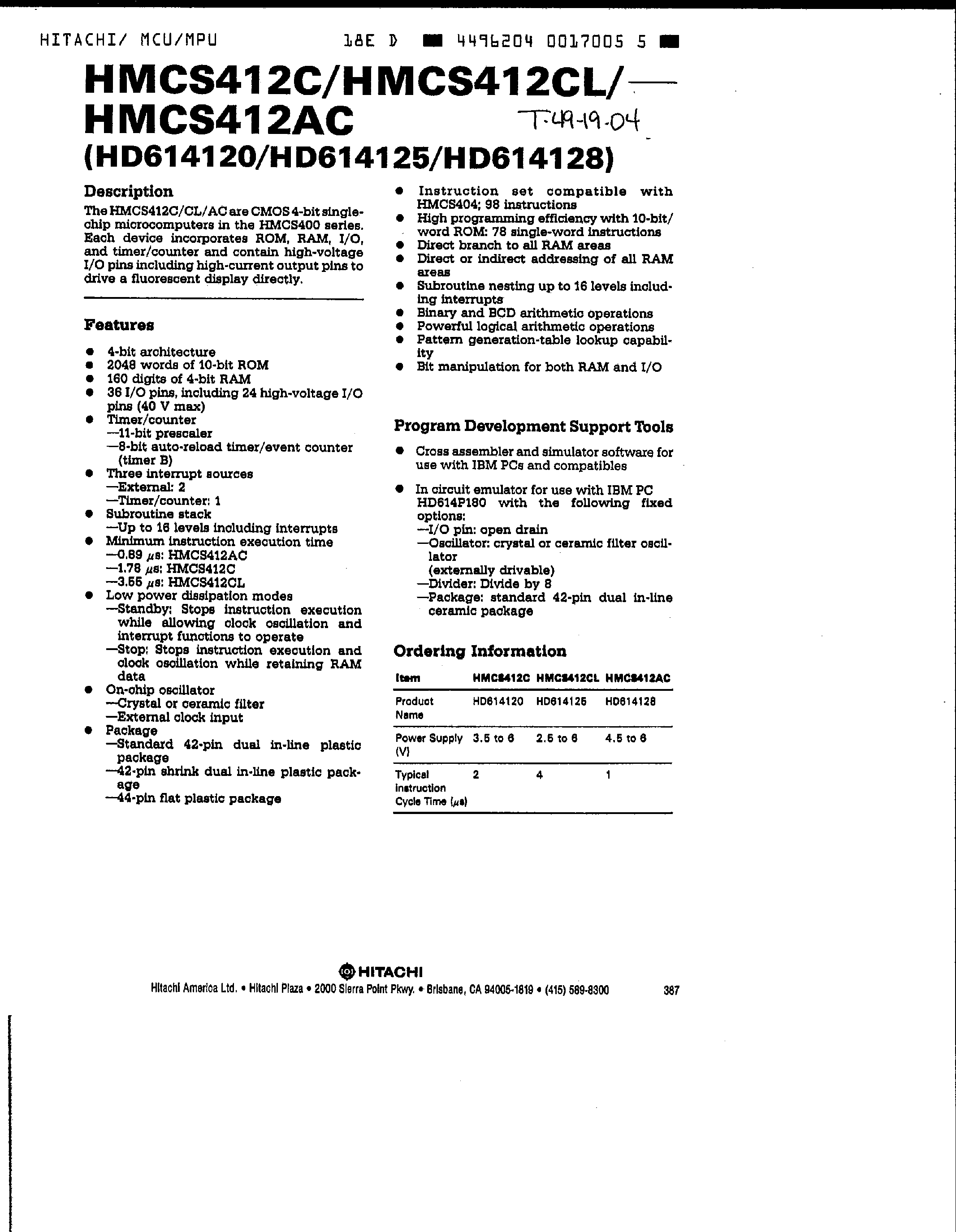 Даташит HD614120 - (HD614125/HD614128) CMOS 4 Bit Single-Chip Microcomputer страница 1