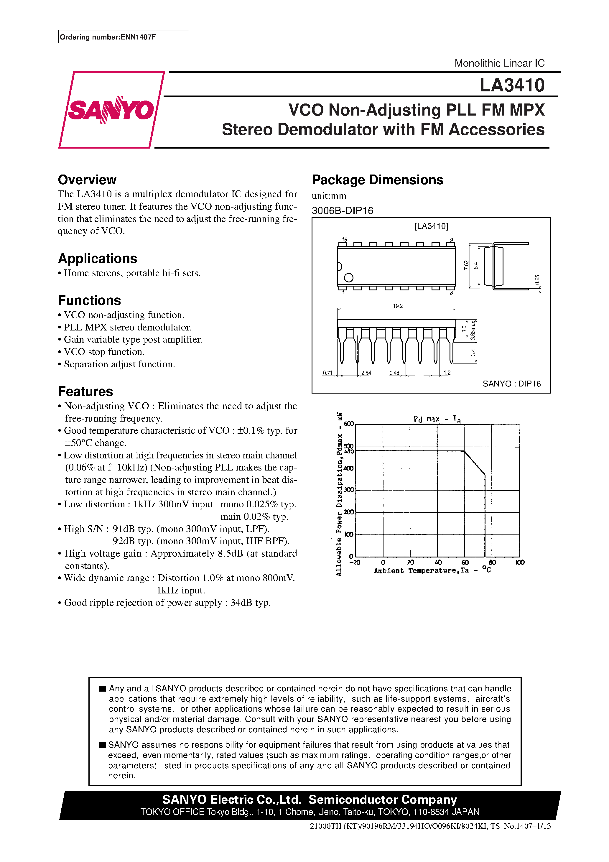 Даташит LA3410 - VCO Non-Adjusting PLL FM MPX Stereo Demodulator with FM Accessories страница 1