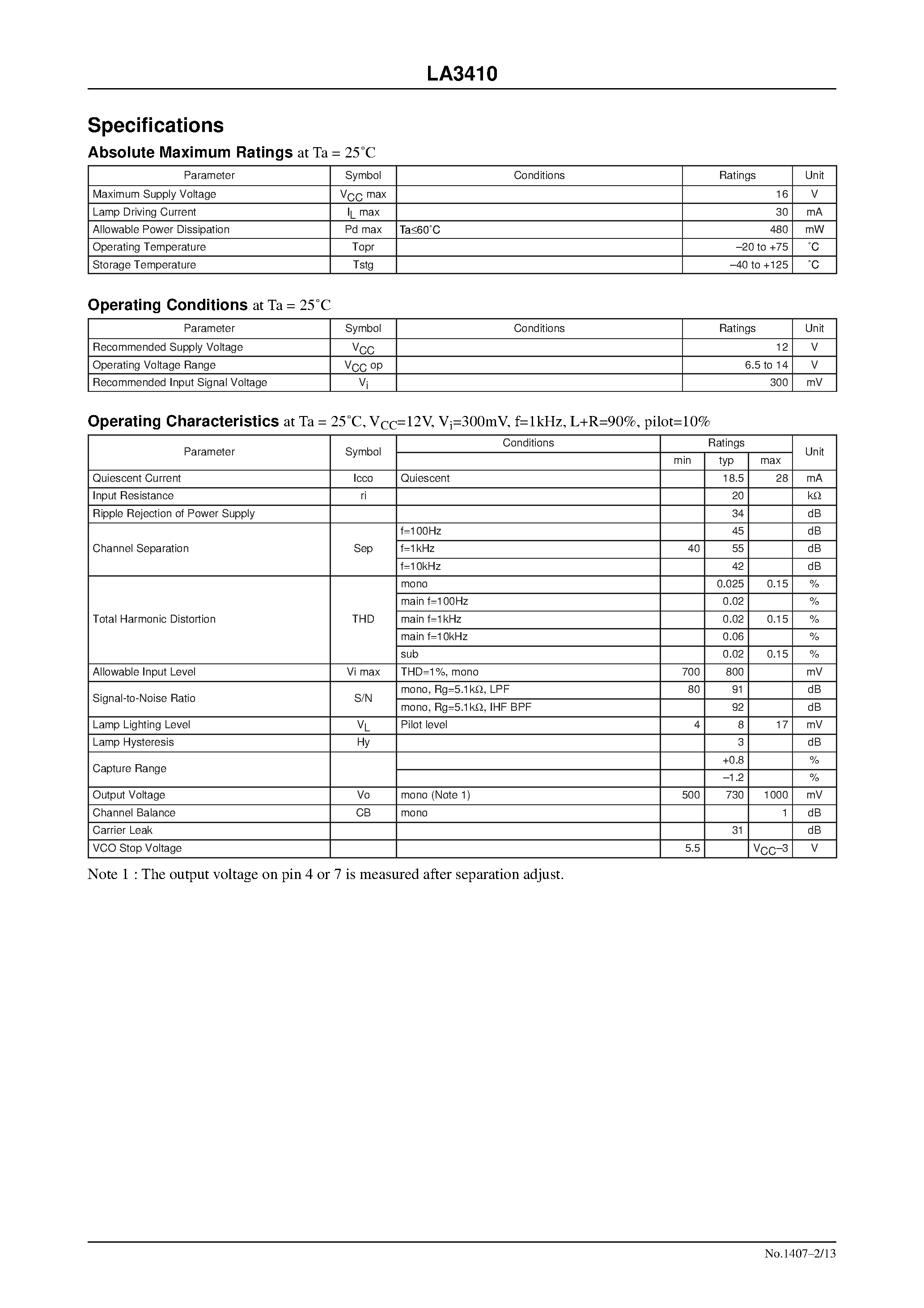 Даташит LA3410 - VCO Non-Adjusting PLL FM MPX Stereo Demodulator with FM Accessories страница 2