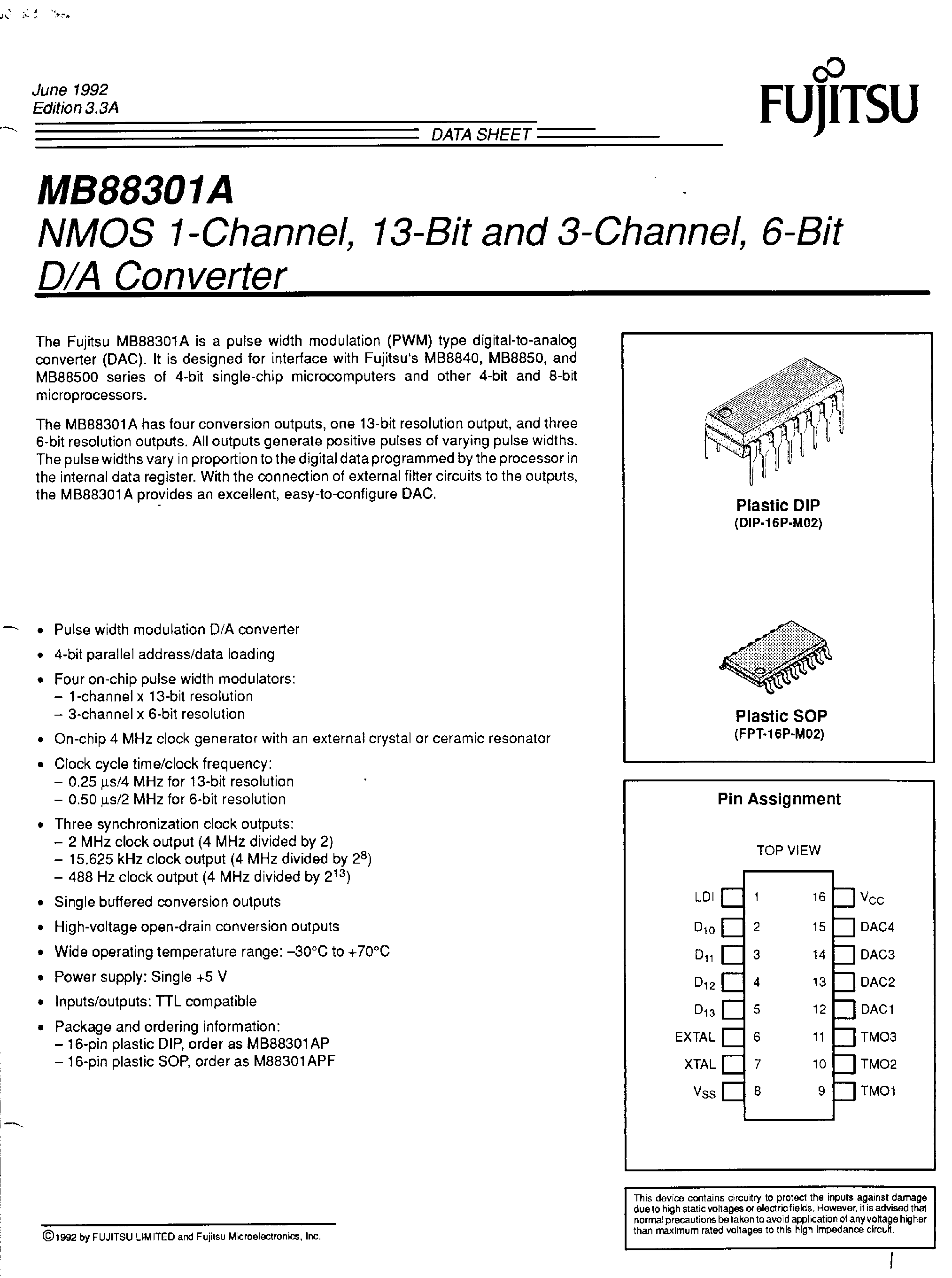 Datasheet MB88301A - NMOS 1 Channel / 13 Bit and 3 Channel / 6 Bit D/A Converter page 1