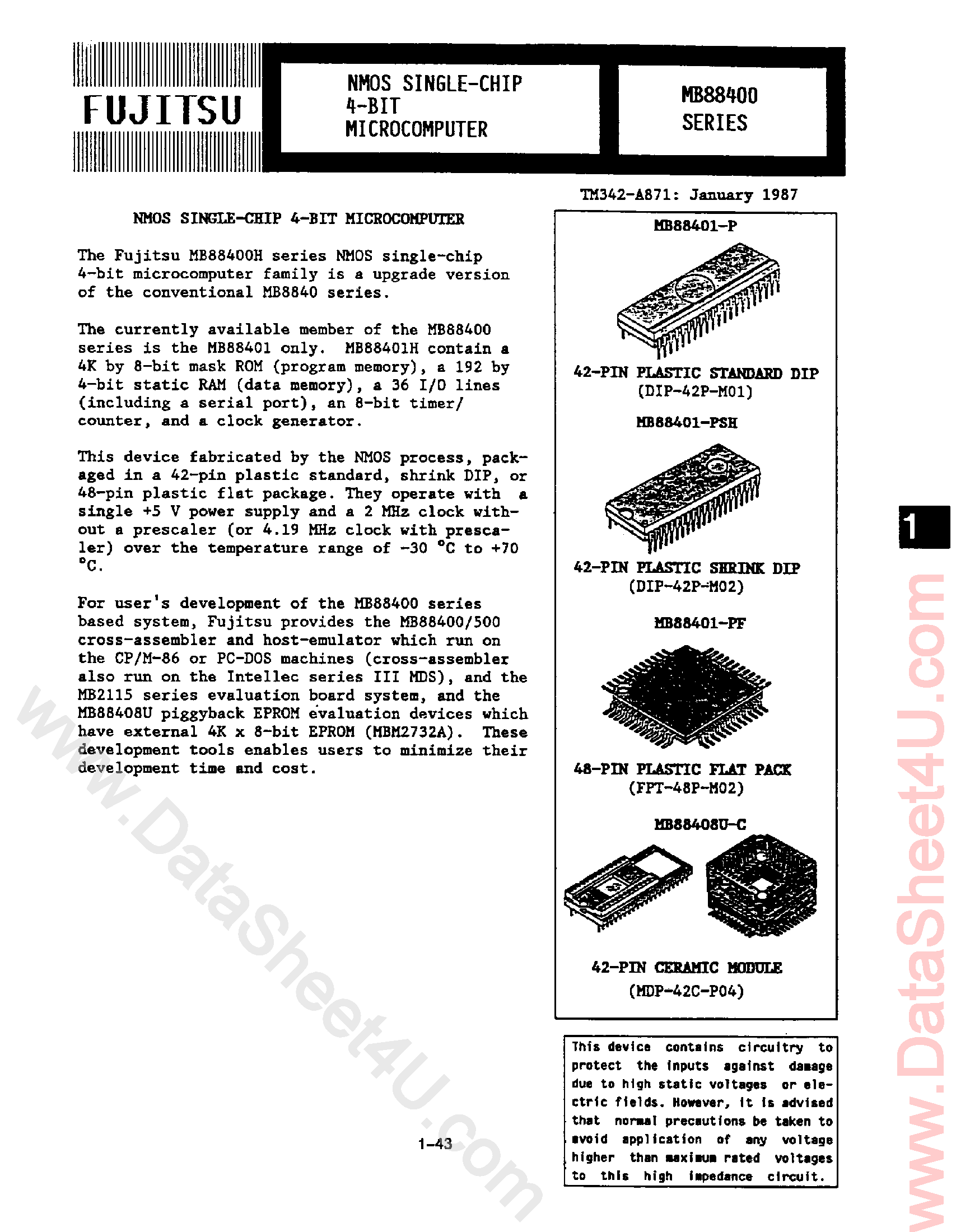 Datasheet MB88401 - (MB88400 Series) NMOS Single-Chip 4 Bit Microcomputer page 1