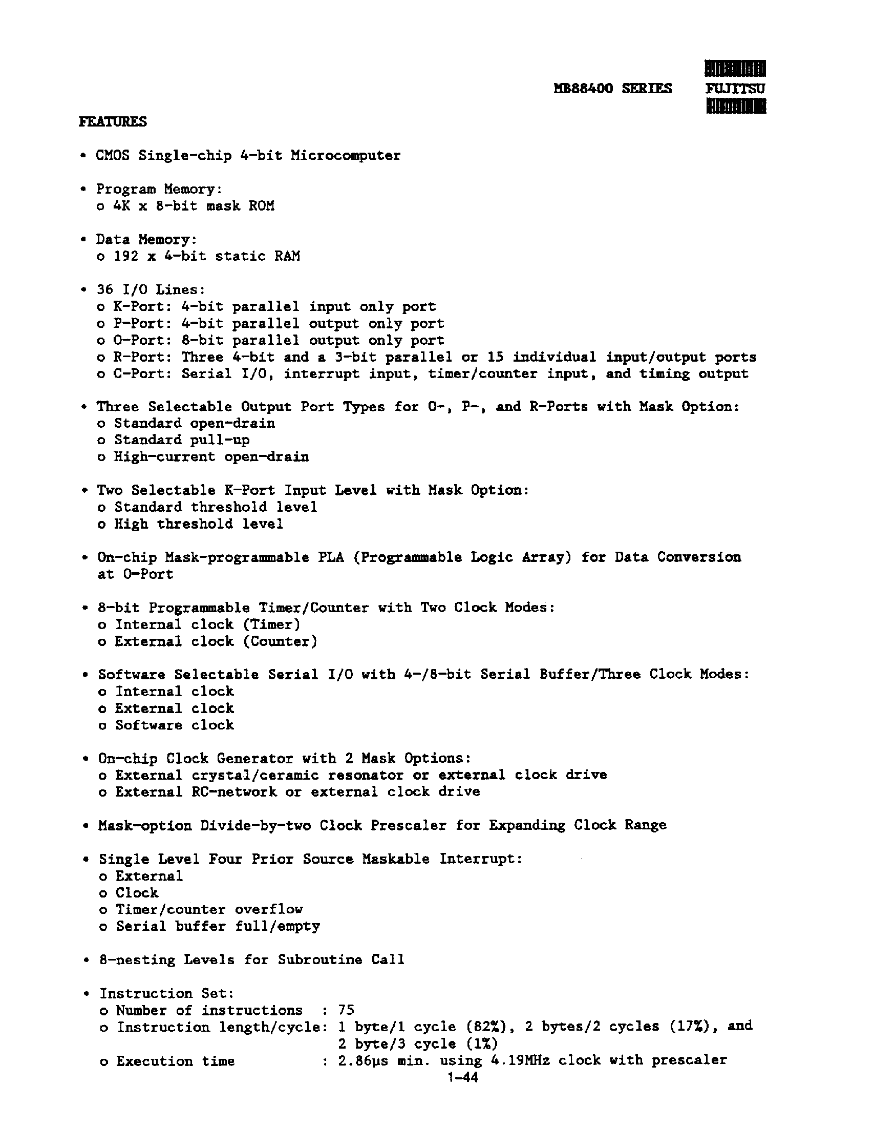 Datasheet MB88401 - (MB88400 Series) NMOS Single-Chip 4 Bit Microcomputer page 2