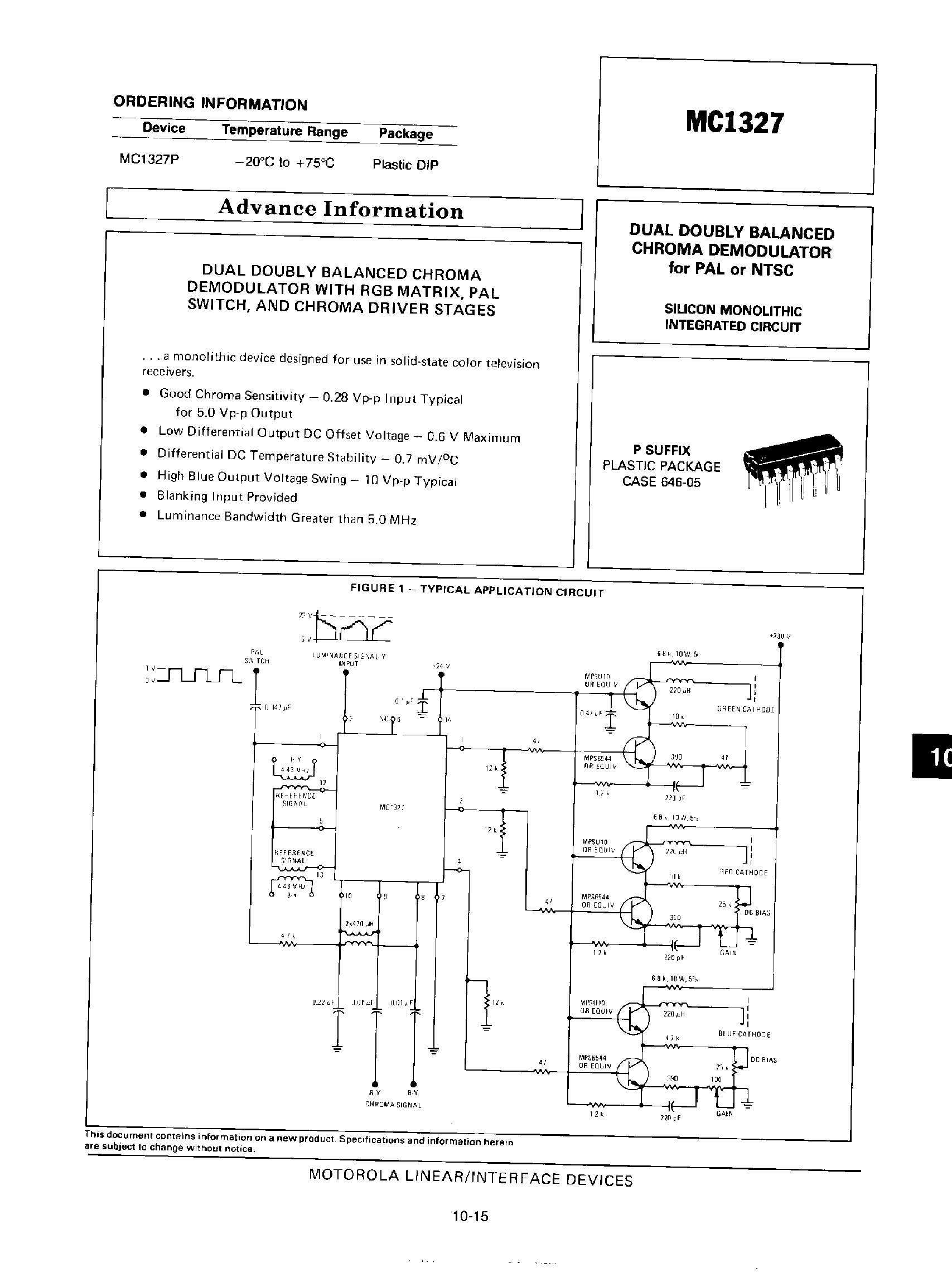 Datasheet MC1327 page 1 Datasheet MC1327 - Dual Dolby Balanced Chroma Demodulator for PAL or NTSC page 1