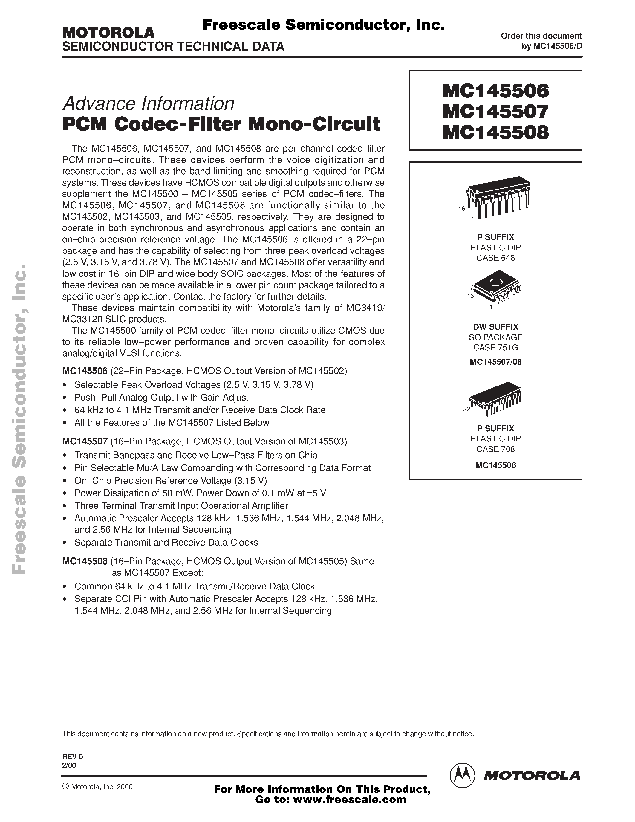 Datasheet MC145506 - (MC145507/MC145508) PCM CODEC FILTER MONO CIRCUIT page 1