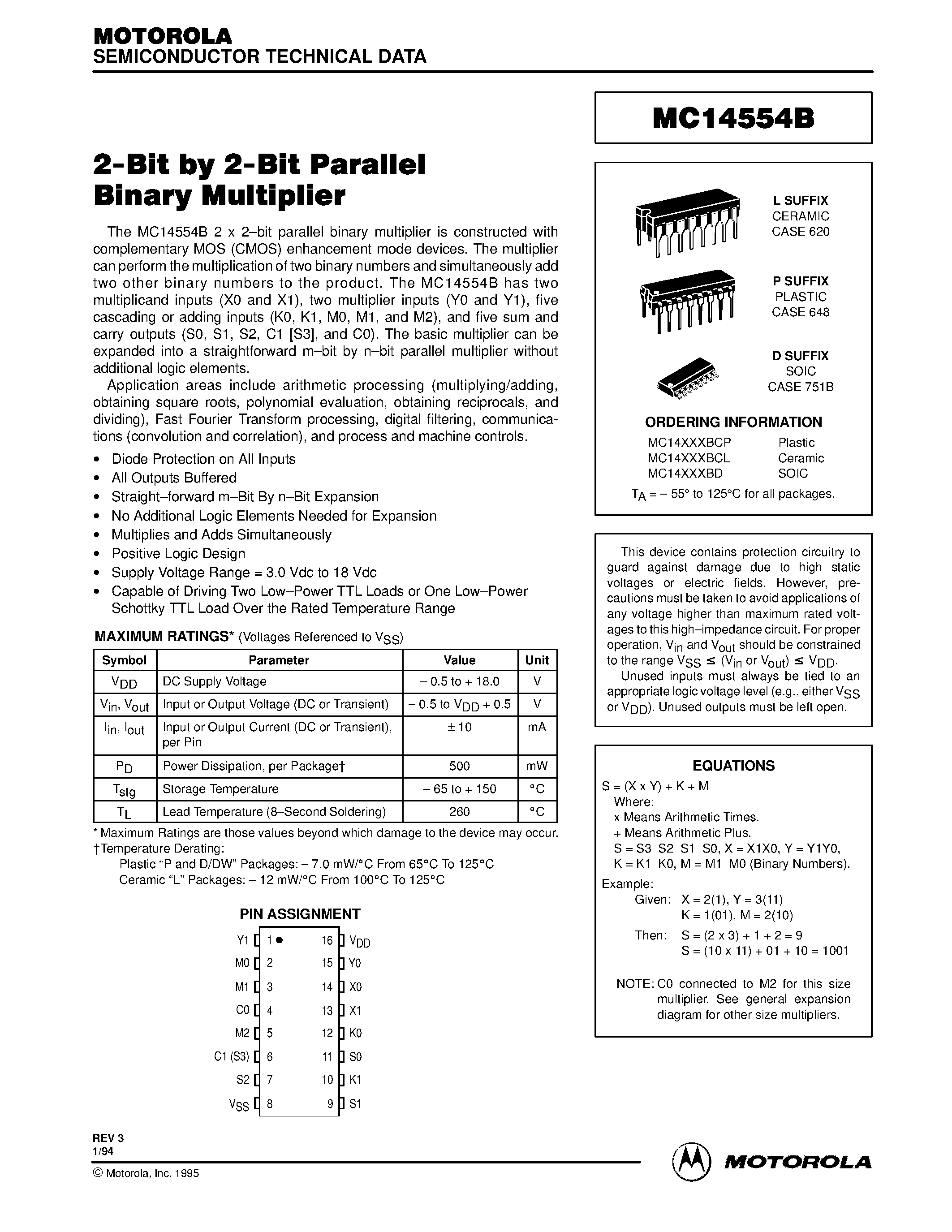 Datasheet MC14554B - 2-Bit by 2-Bit Parallel Binary Multiplier page 1
