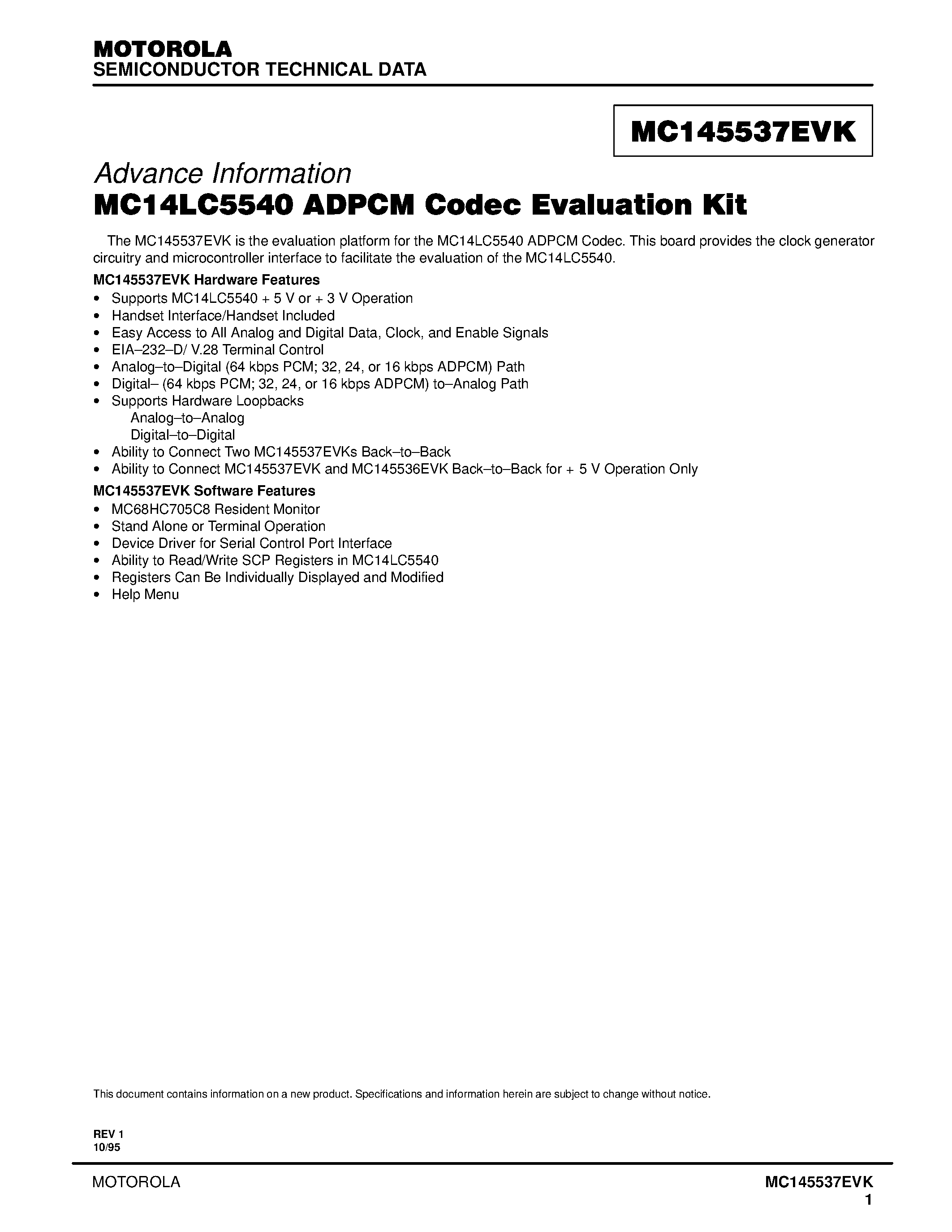 Datasheet MC145537EVK page 1 Datasheet MC145537EVK - MC14LC5540 ADPCM Codec Evaluation Kit page 1