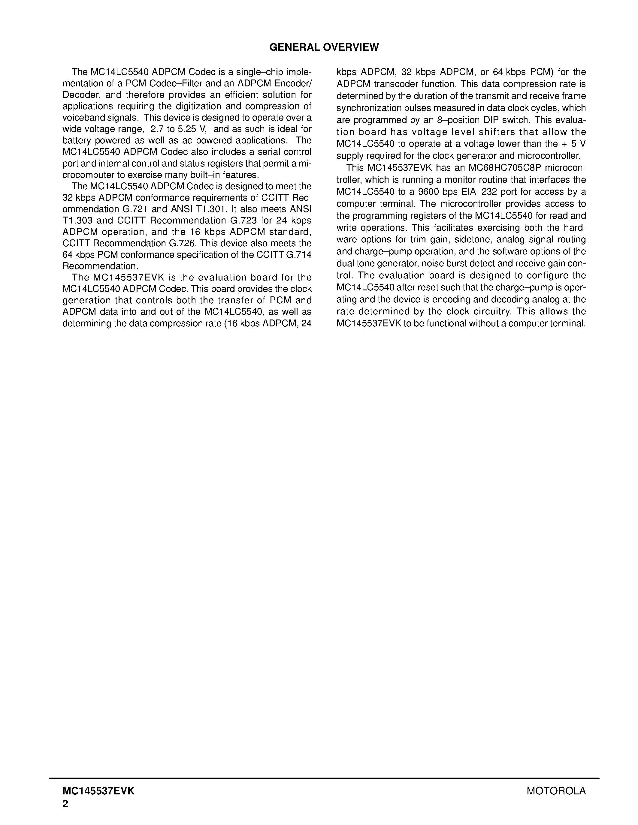 Datasheet MC145537EVK page 2 Datasheet MC145537EVK - MC14LC5540 ADPCM Codec Evaluation Kit page 2