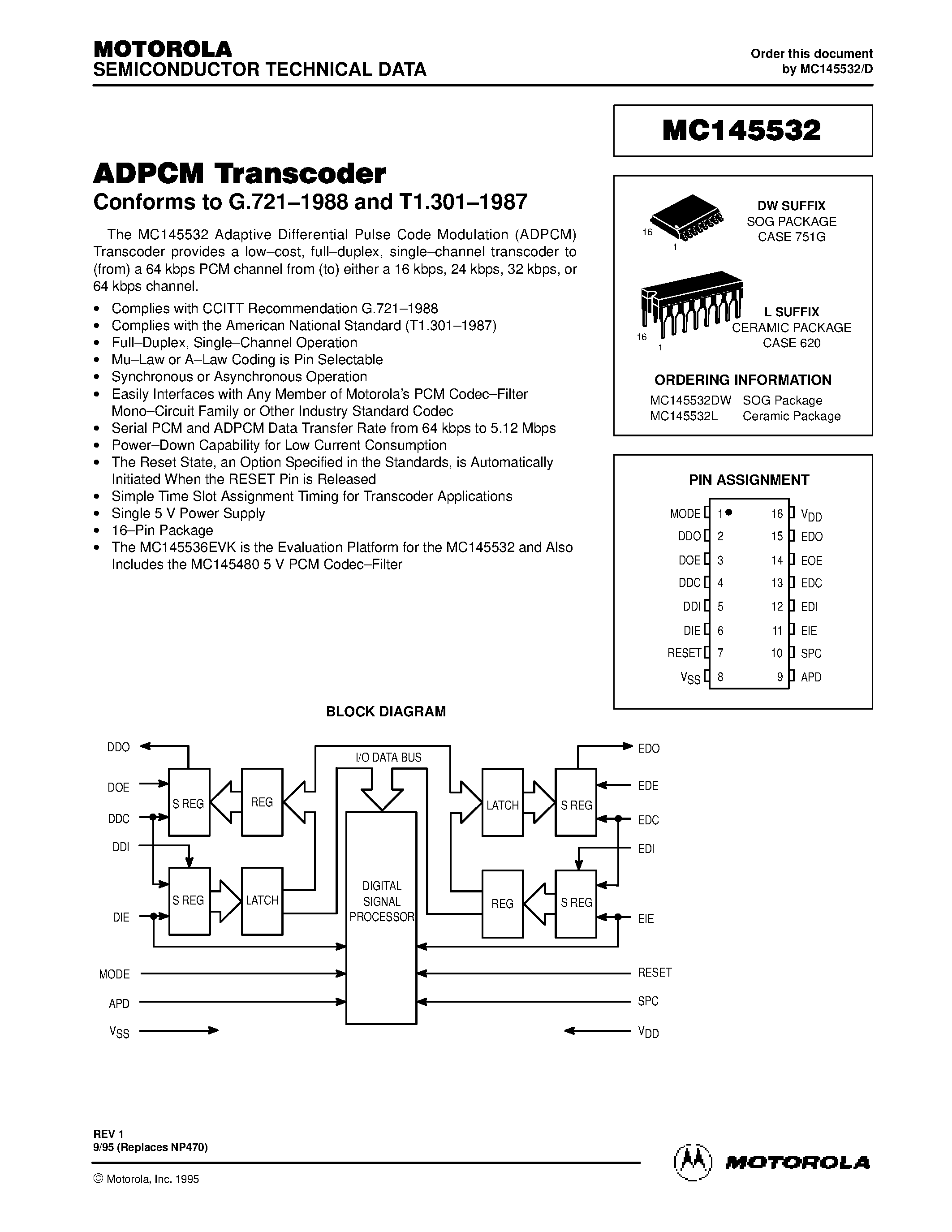 Даташит MC145532 - ADPCM Transcoder страница 1