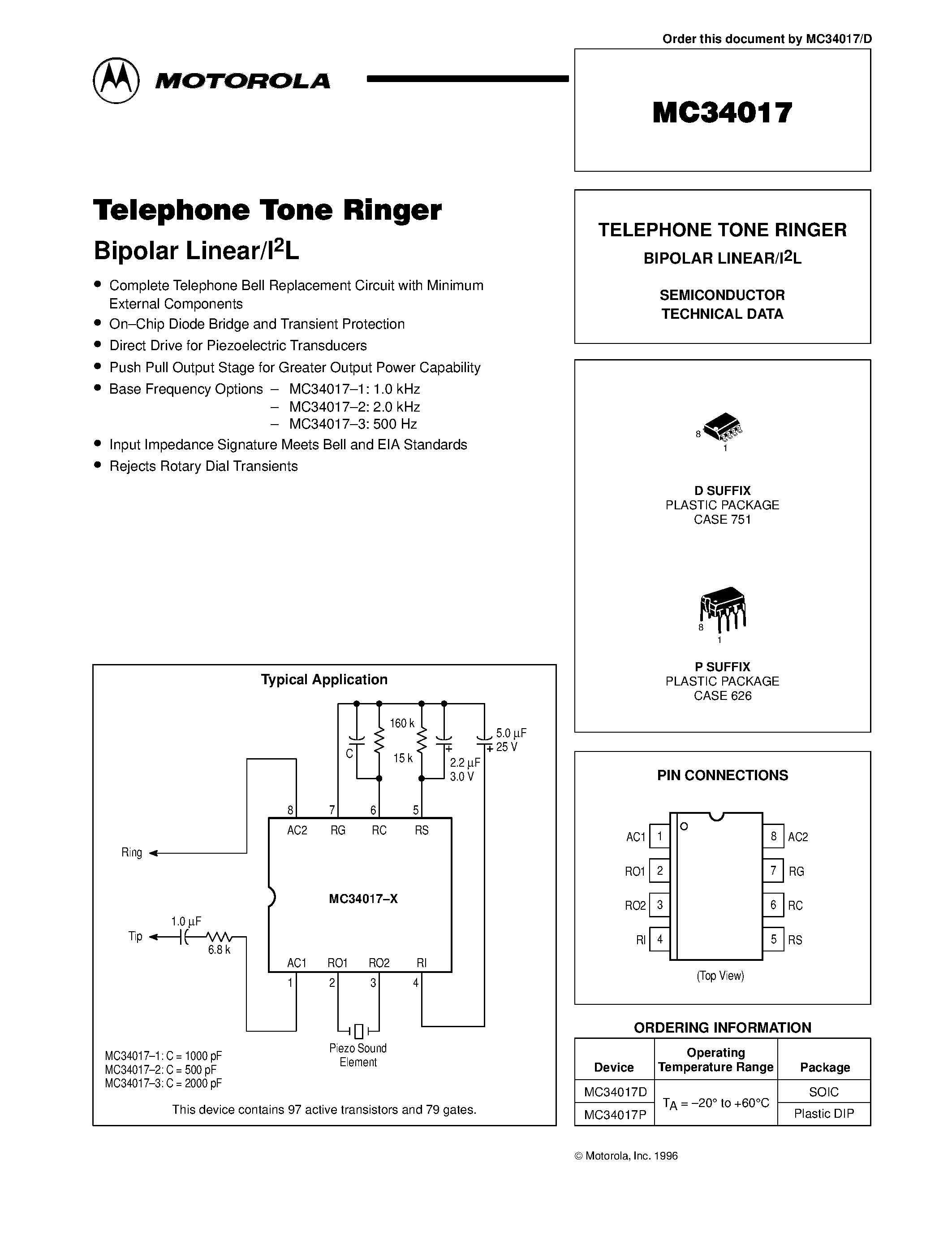 Datasheet MC34017 page 1 Datasheet MC34017 - TELEPHONE TONE RINGER BIPOLAR LINEAR page 1