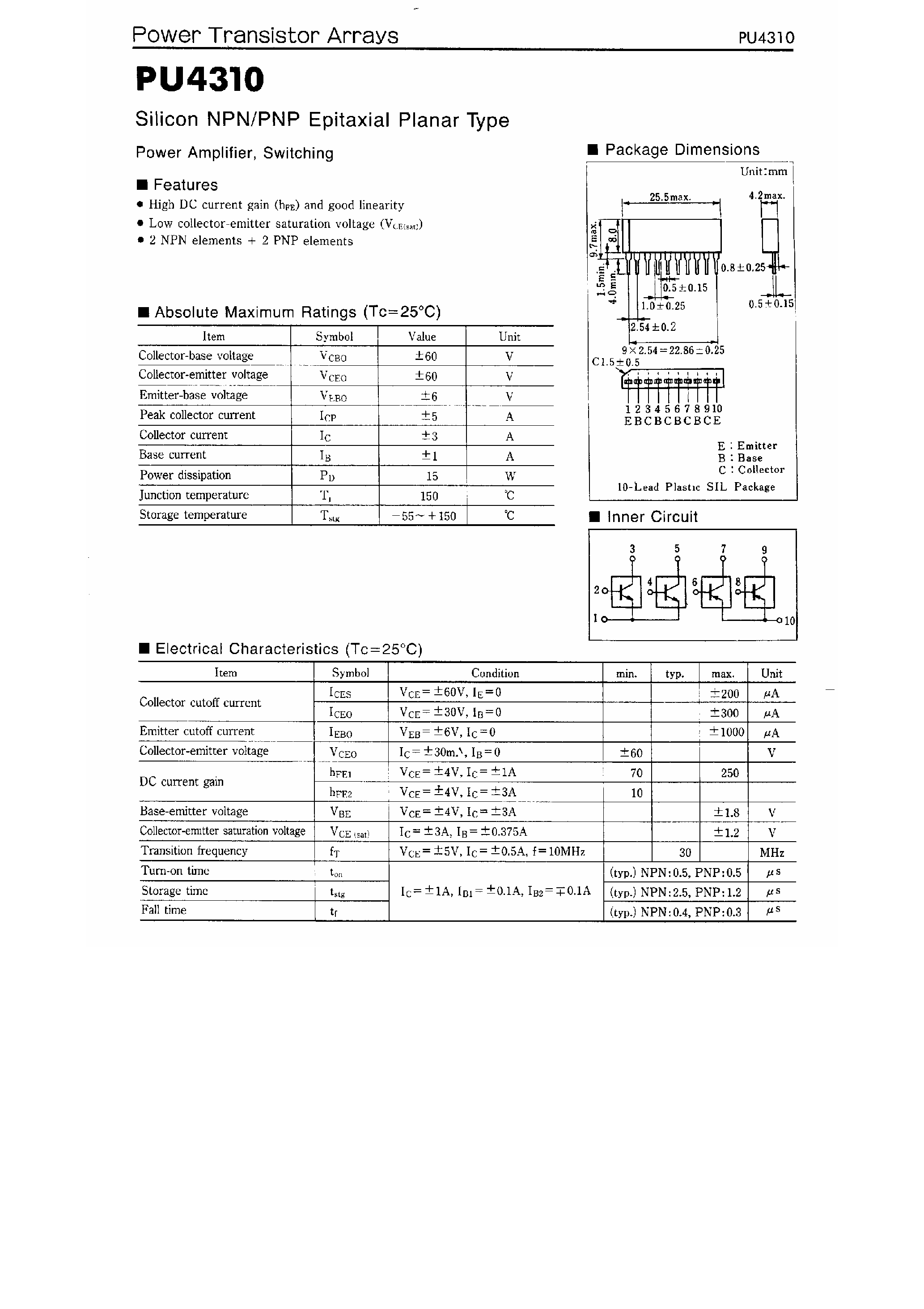 Datasheet PU4310 - Silicon NPN/PNP Epitaxial Planar Type / Power Amplifier / Switching page 1