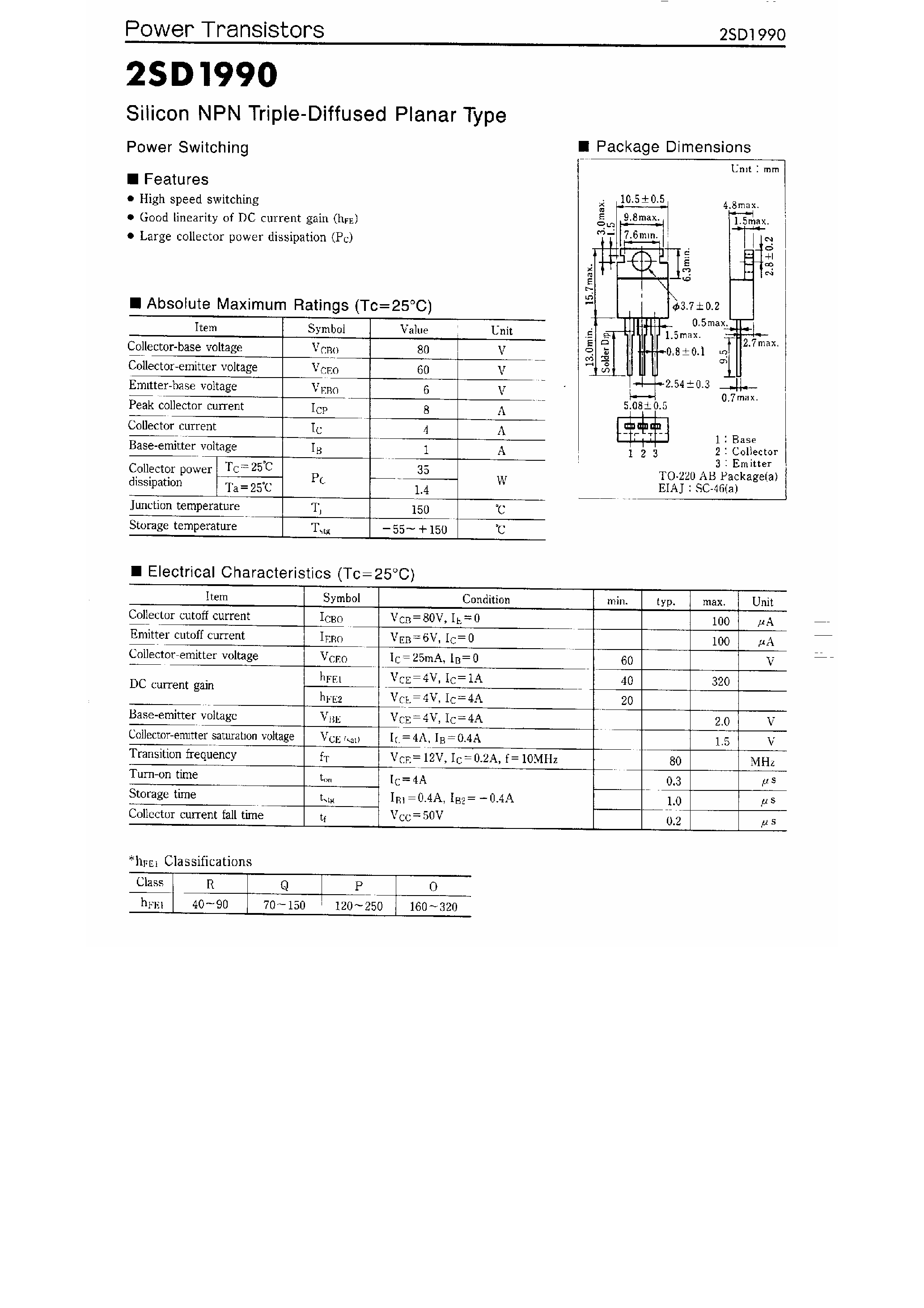 Datasheet 2SD1990 - Silicon NPN Triple-Diffused Planar Type / Power Switching page 1