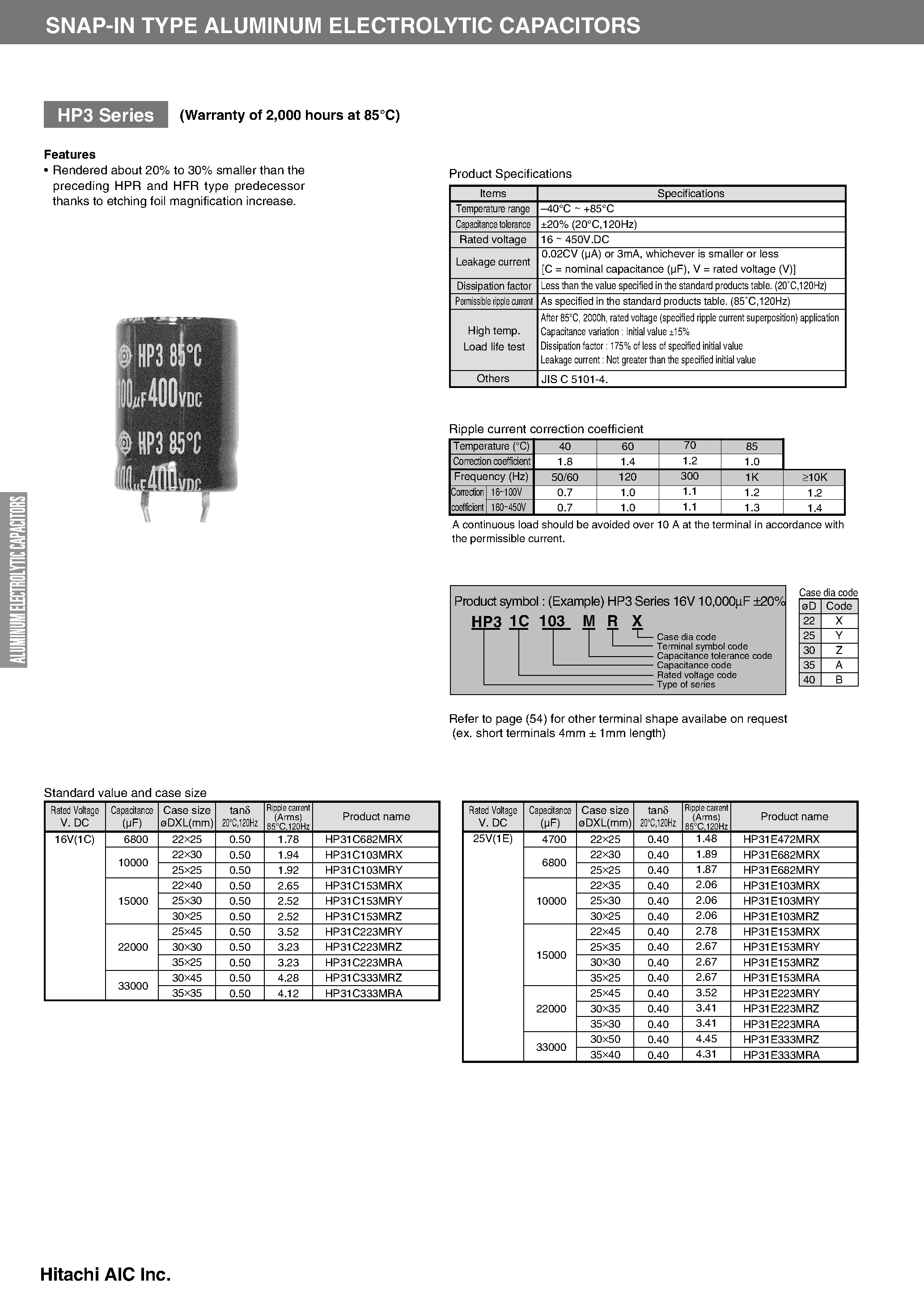 Datasheet HP31Exxx - HP3 Series Snap-In Type Aluminum Electrolytic Capacitors page 1