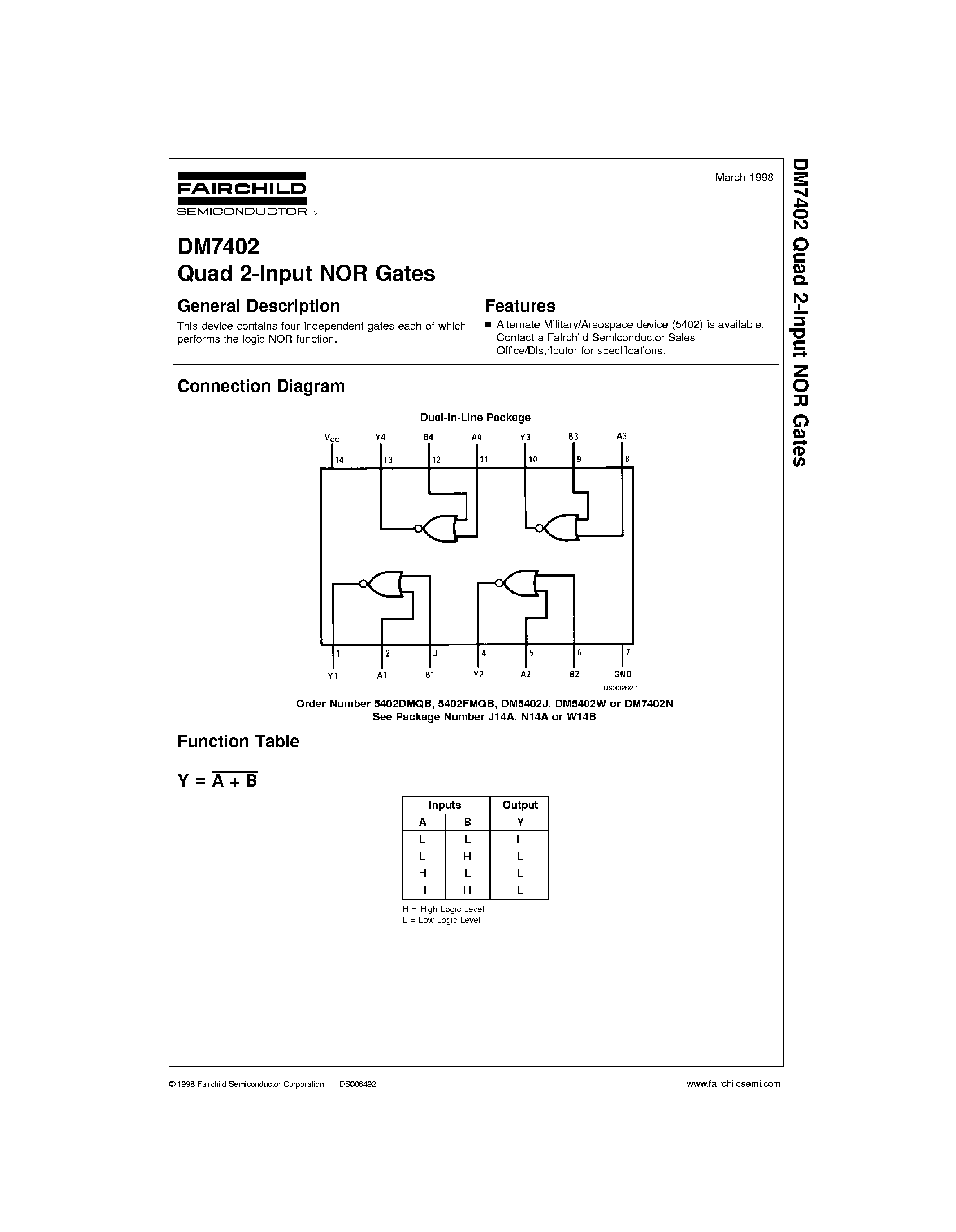Datasheet 7402 page 1 Datasheet 7402 - Quad 2-Input NOR Gates page 1