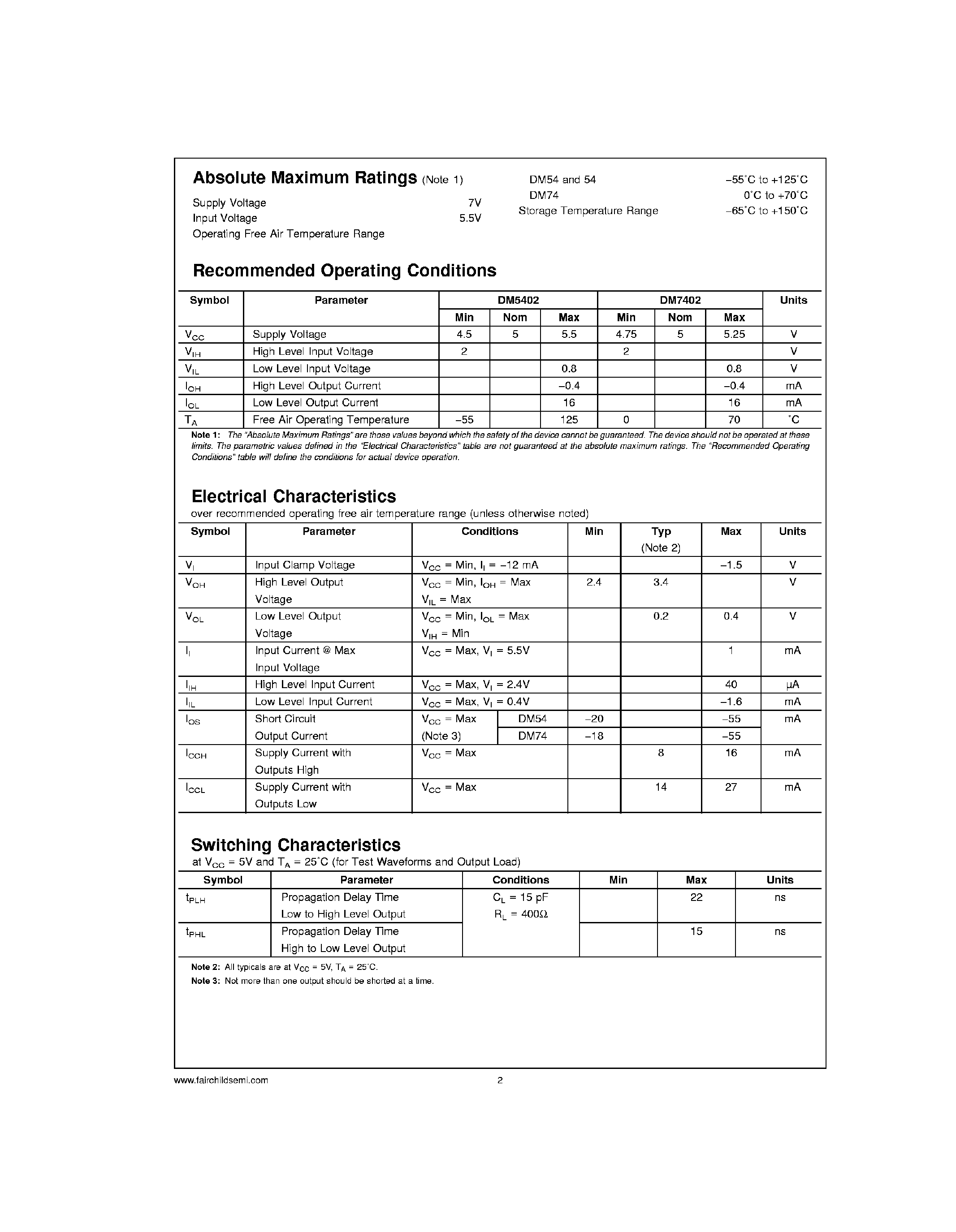 Datasheet 7402 page 2 Datasheet 7402 - Quad 2-Input NOR Gates page 2