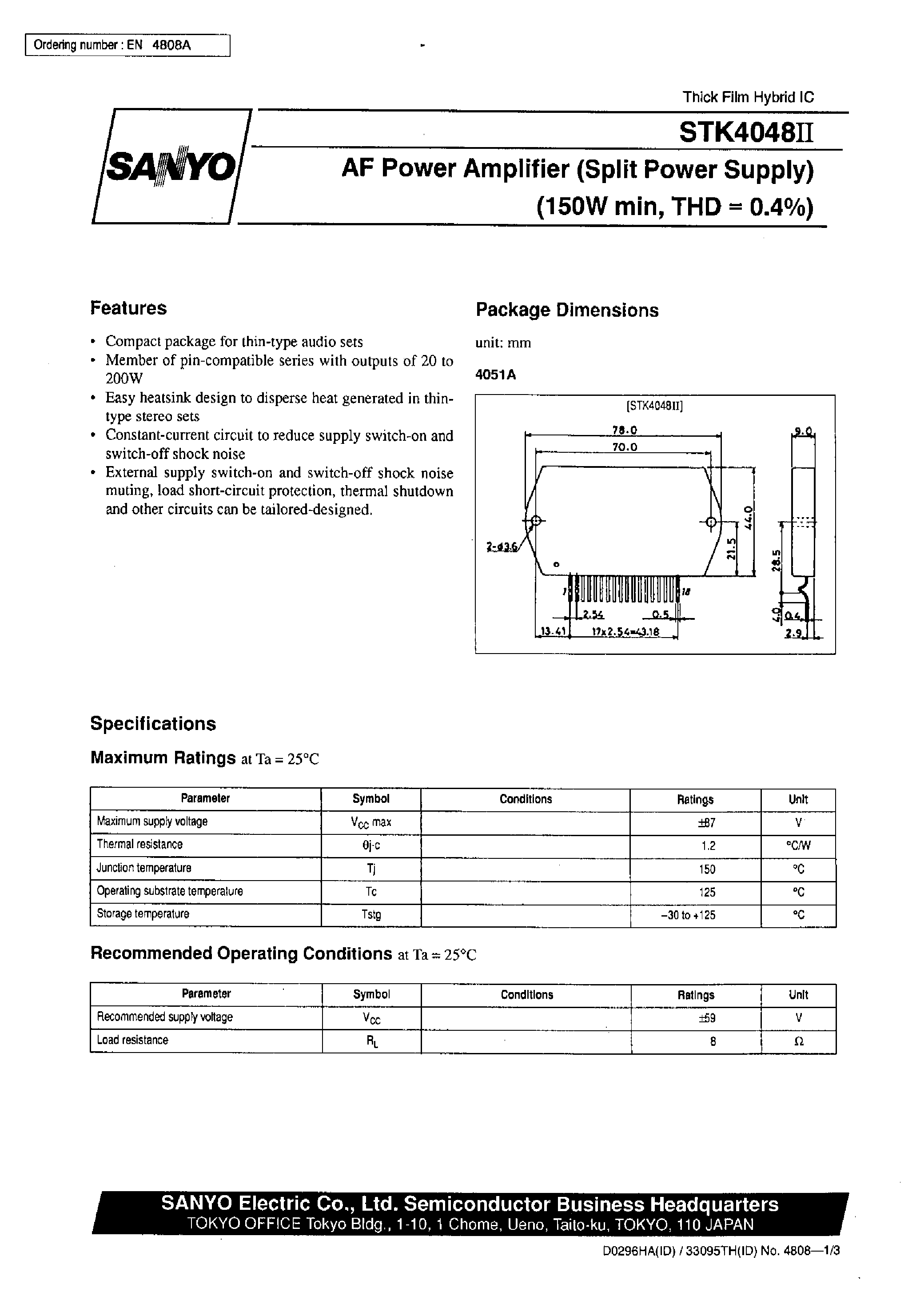 Даташит STK4048II - AF Power Amplifier страница 1