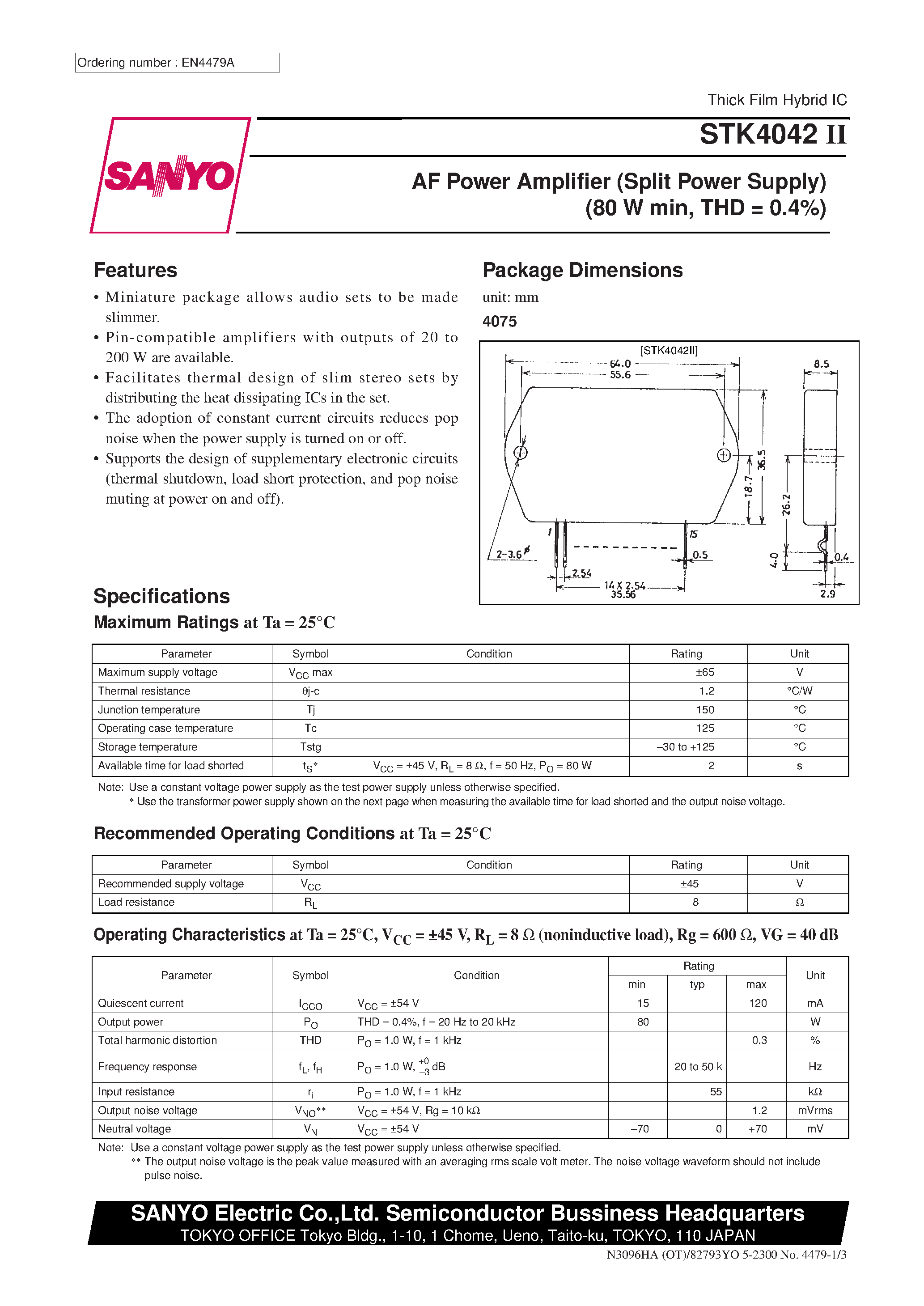 Даташит STK4042II - AF Power Amplifier страница 1