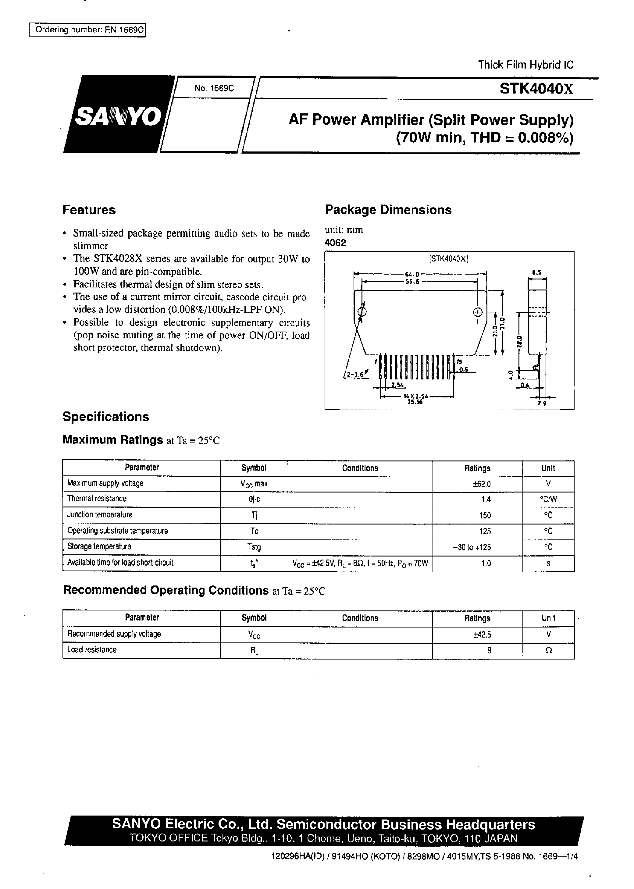 Даташит STK4040X - AF Power Amplifier страница 1
