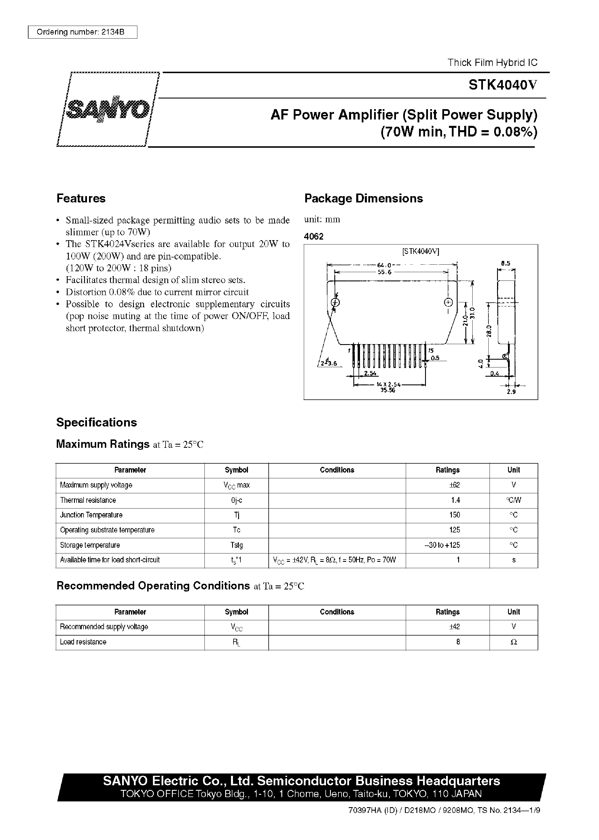 Datasheet STK4040V page 1 Datasheet STK4040V - AF Power Amplifier page 1