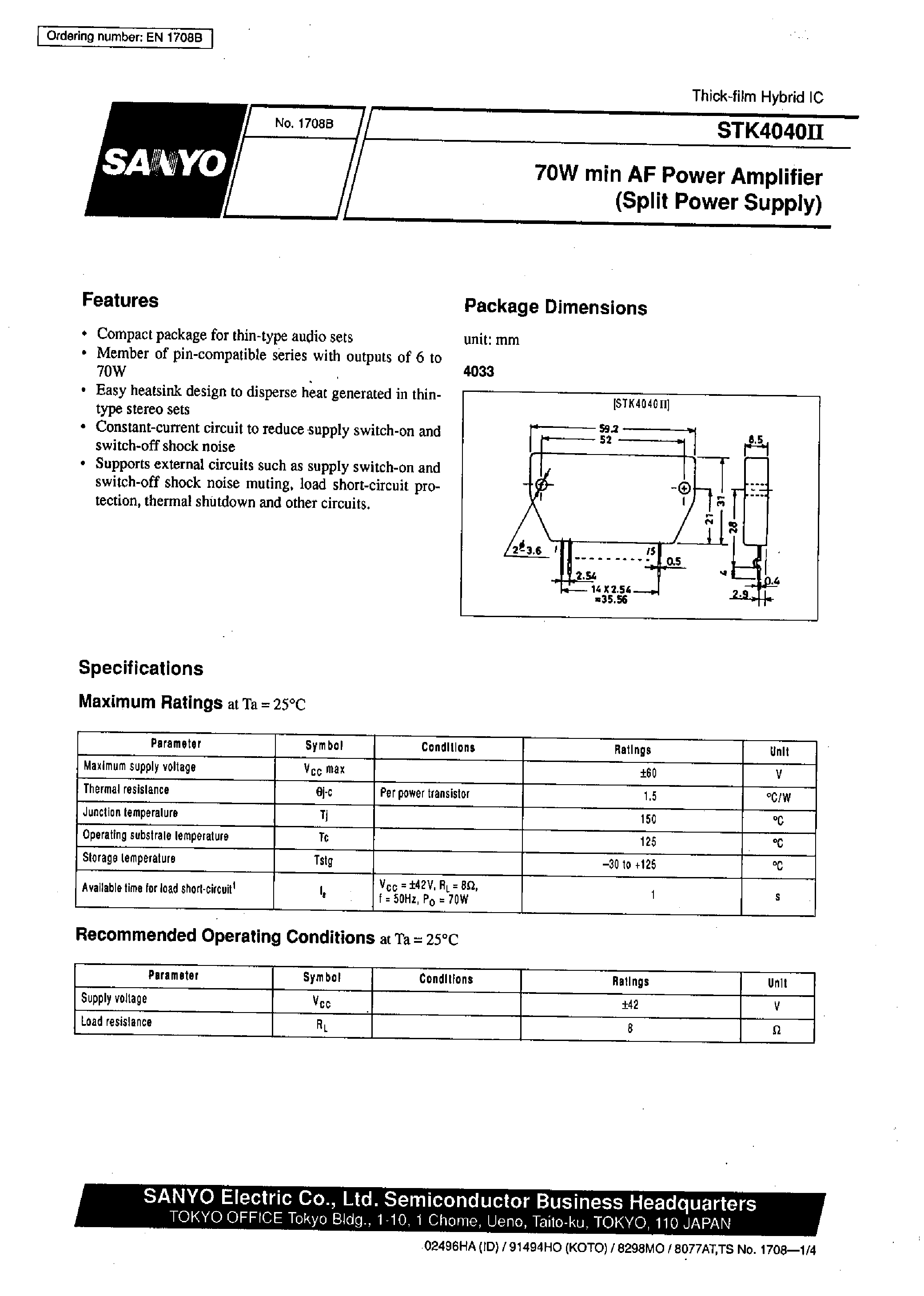 Datasheet STK4040II - AF Power Amplifier page 1