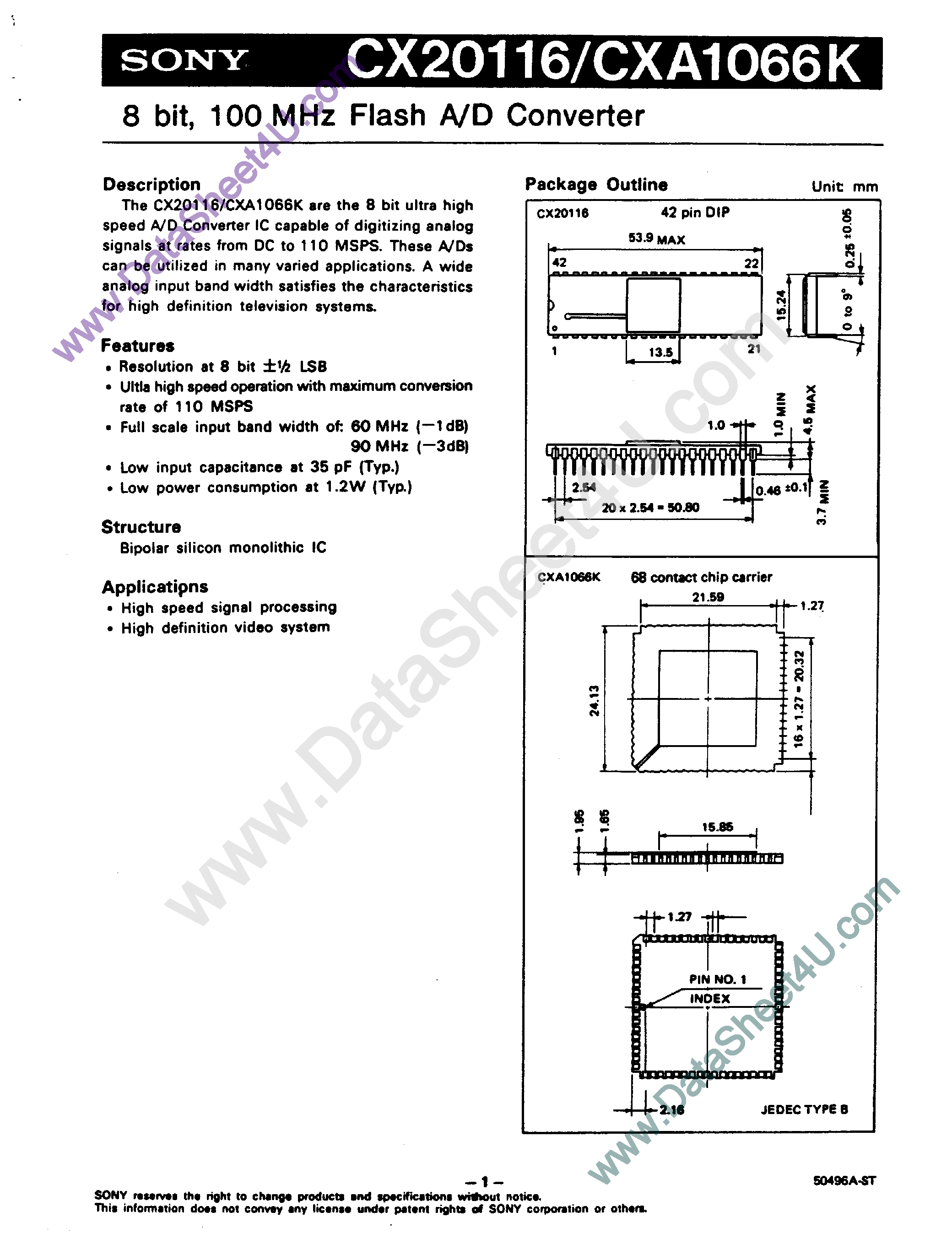 Даташит на микросхему CX20116 страница 1 Даташит CX20116 - 8 Bit / 100 MHz Flash A/D Converter страница 1