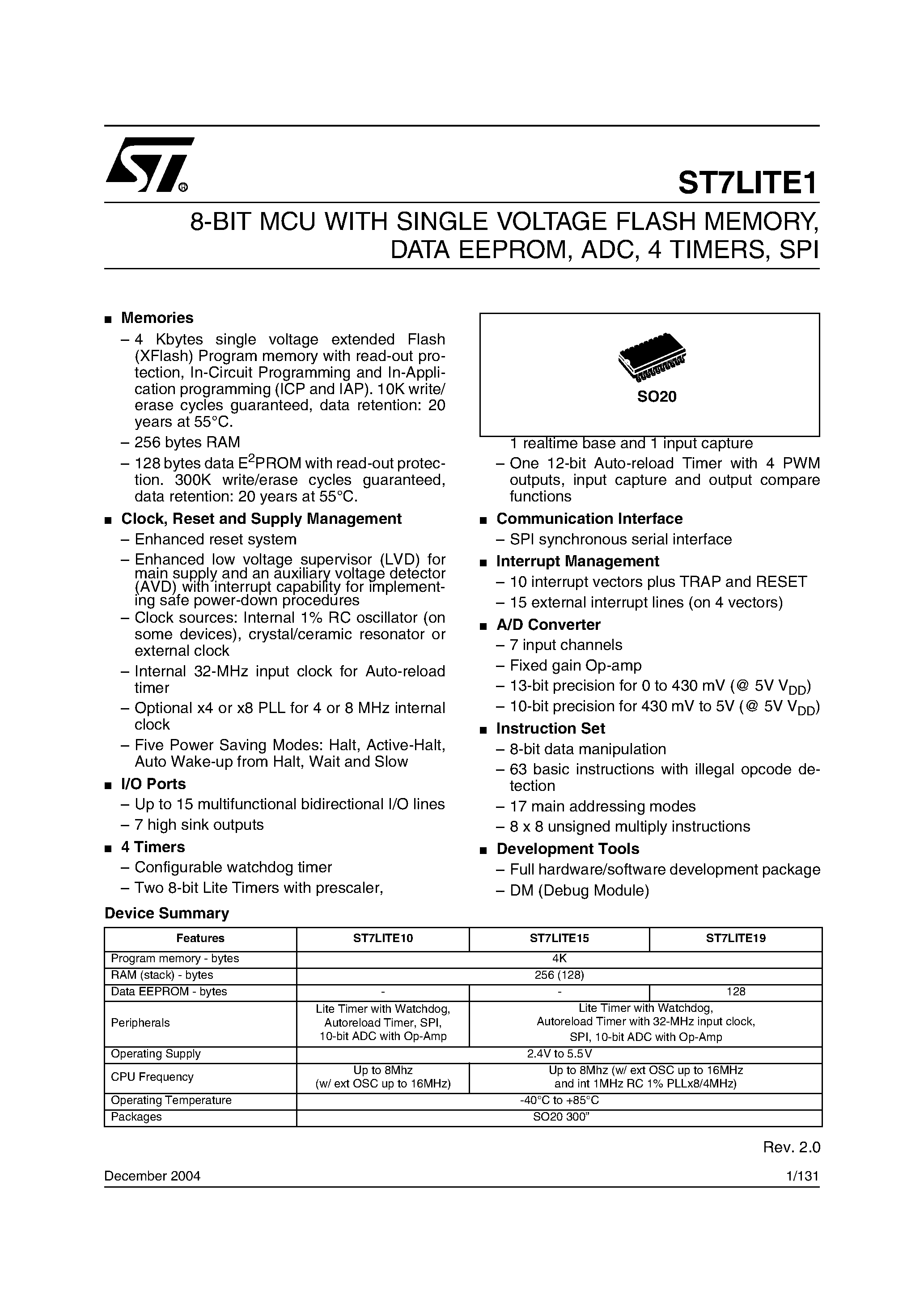 Datasheet ST7FLITE1xxx - 8-BIT MCU WITH SINGLE VOLTAGE FLASH MEMORY page 1