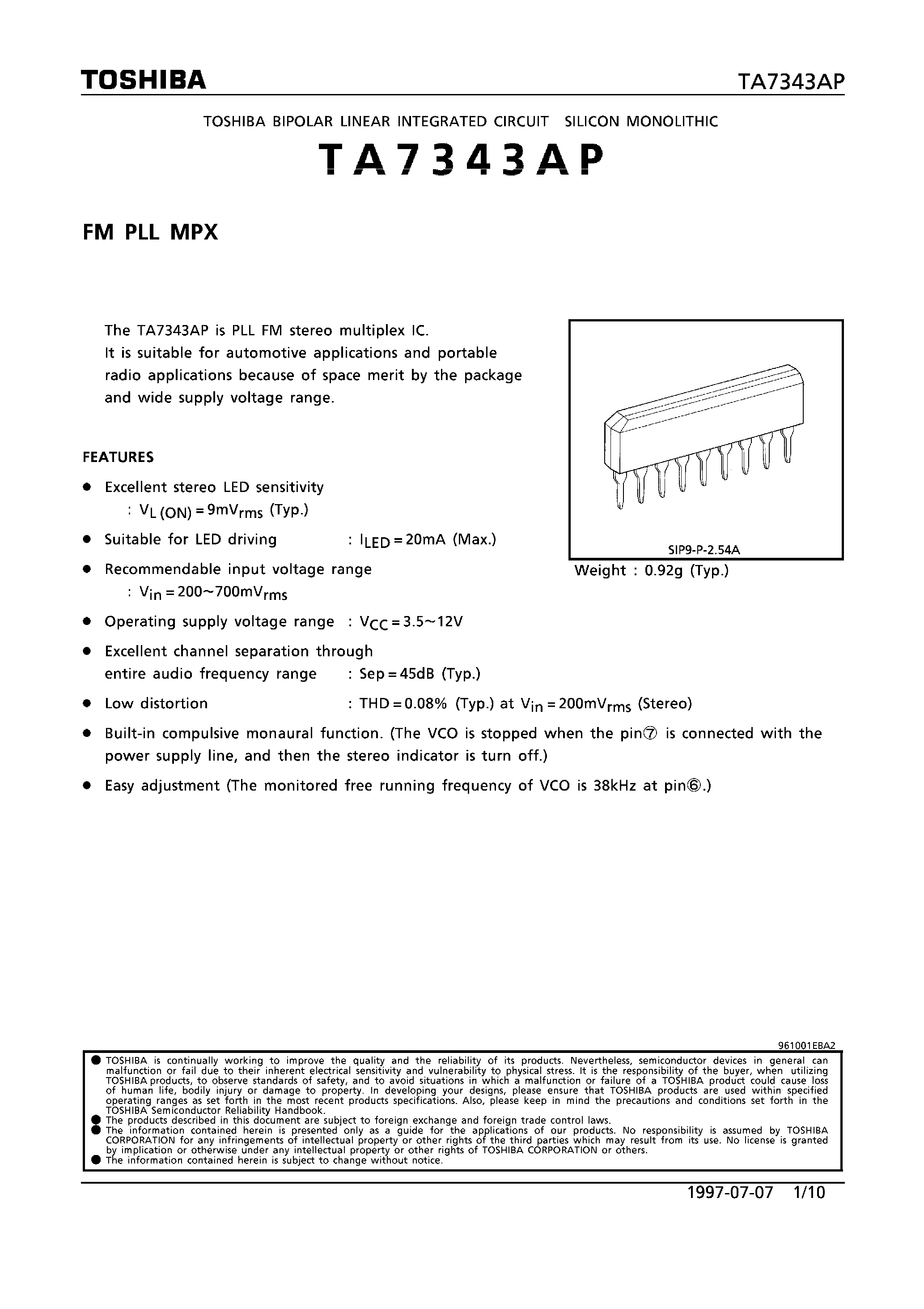 Даташит TA7343AP - FM PLL MPX страница 1