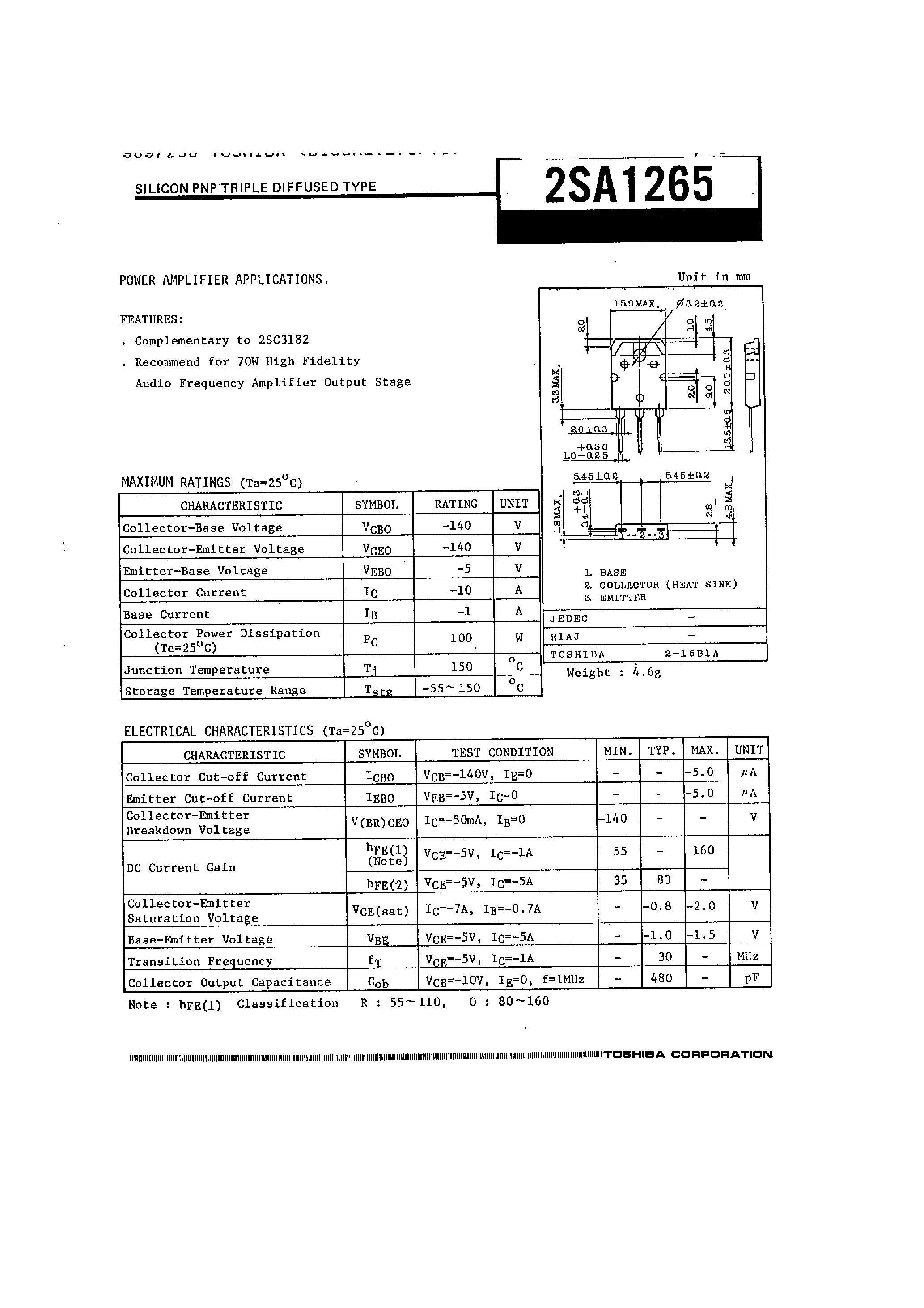 Datasheet 2SA1265 - Power Amplifier Applications page 1