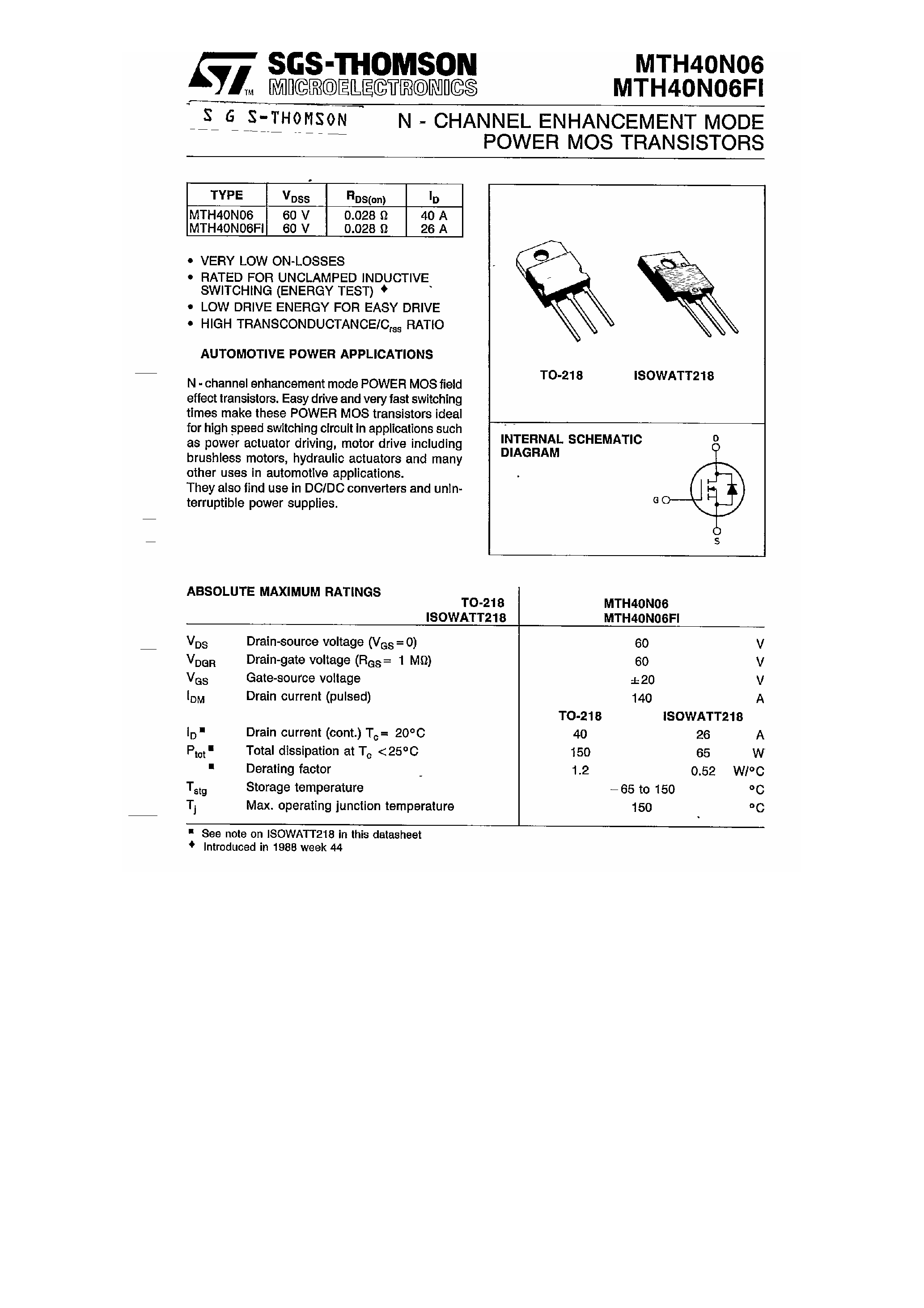 Datasheet MTH40N06 - N-Channel Enhancement Mode Power MOS Transistors page 1