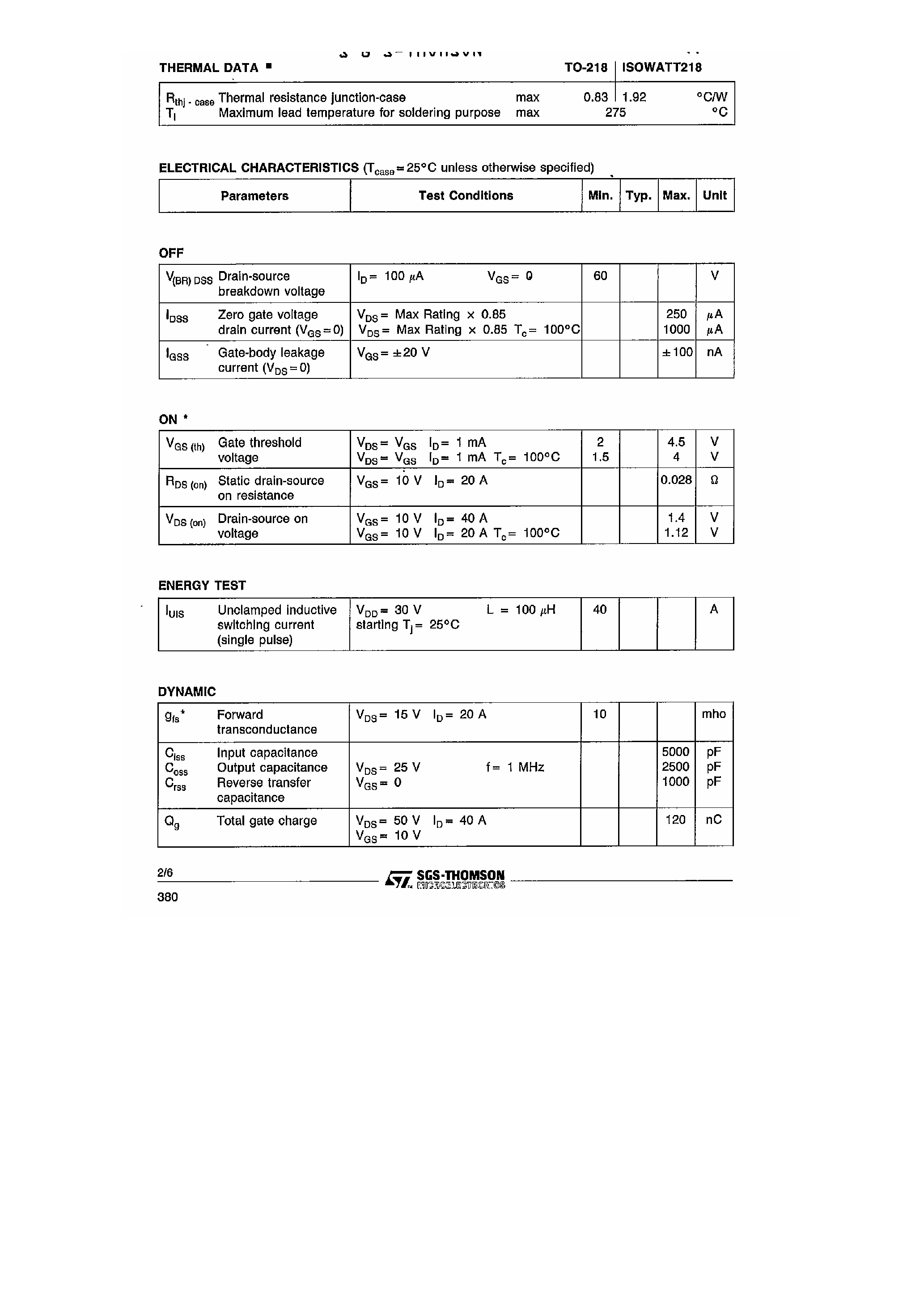 Datasheet MTH40N06 - N-Channel Enhancement Mode Power MOS Transistors page 2