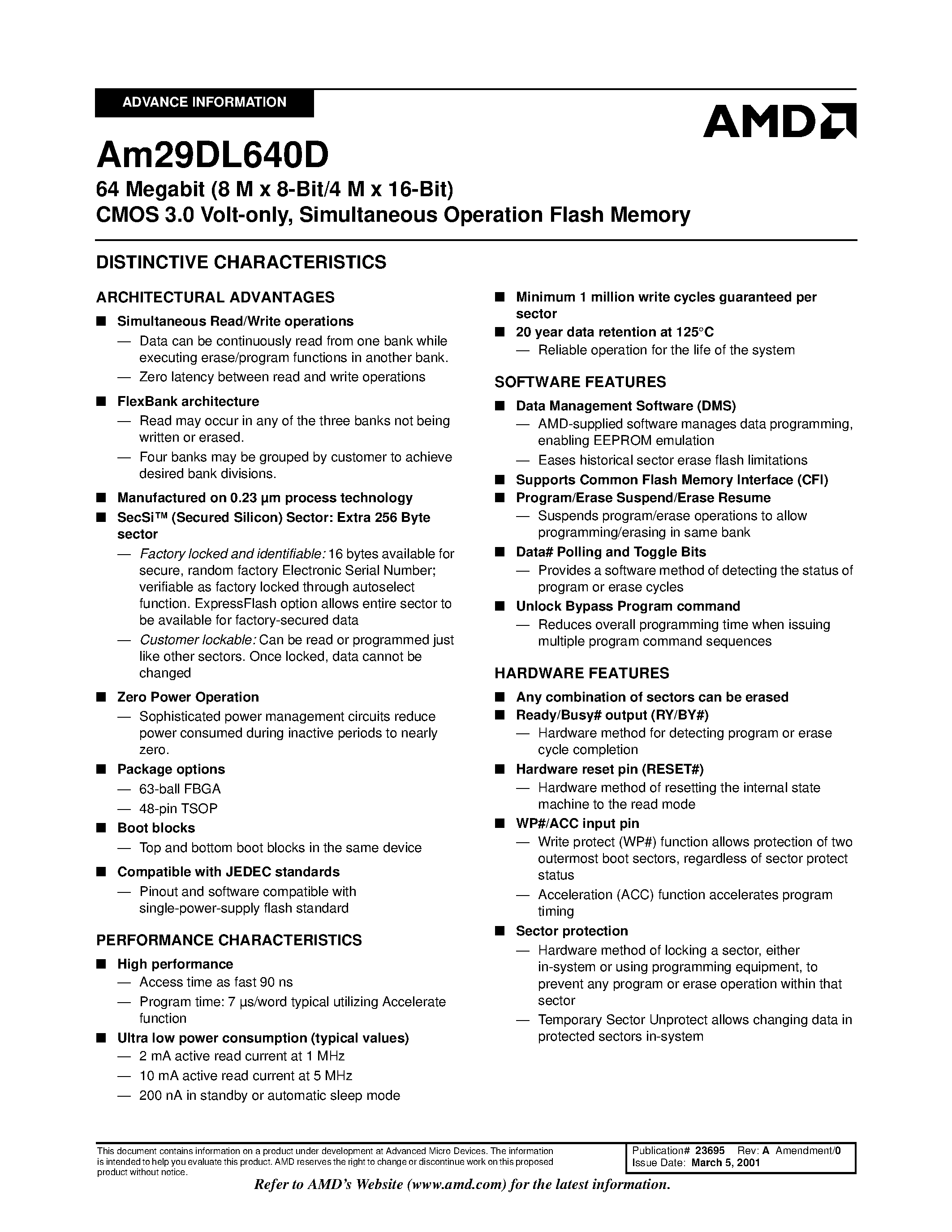 Datasheet AM29DL640D - 64 Megabit CMOS 3.0 Volt-only / Simultaneous Read/Write Flash Memory page 1