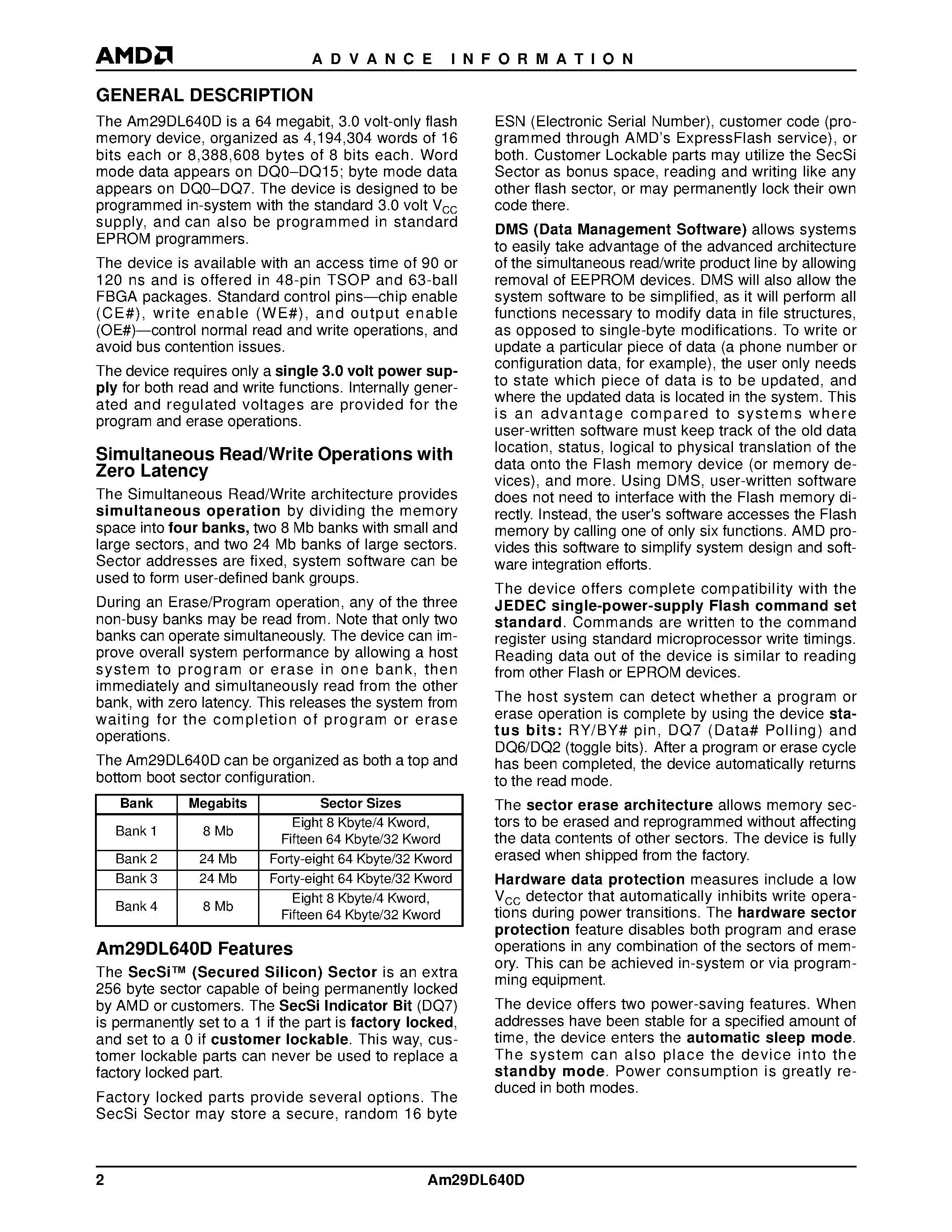 Datasheet AM29DL640D - 64 Megabit CMOS 3.0 Volt-only / Simultaneous Read/Write Flash Memory page 2