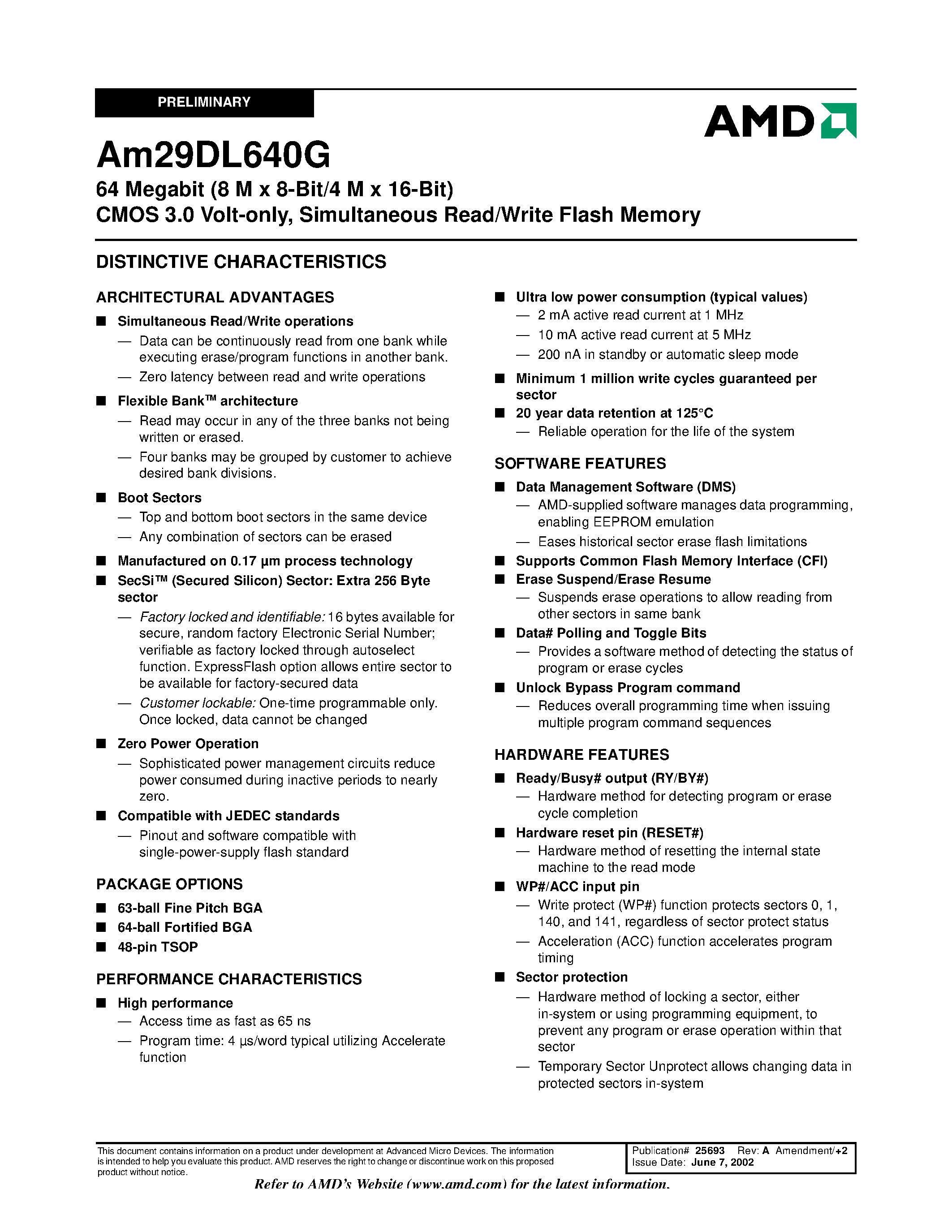 Datasheet AM29DL640G - 64 Megabit CMOS 3.0 Volt-only / Simultaneous Read/Write Flash Memory page 1
