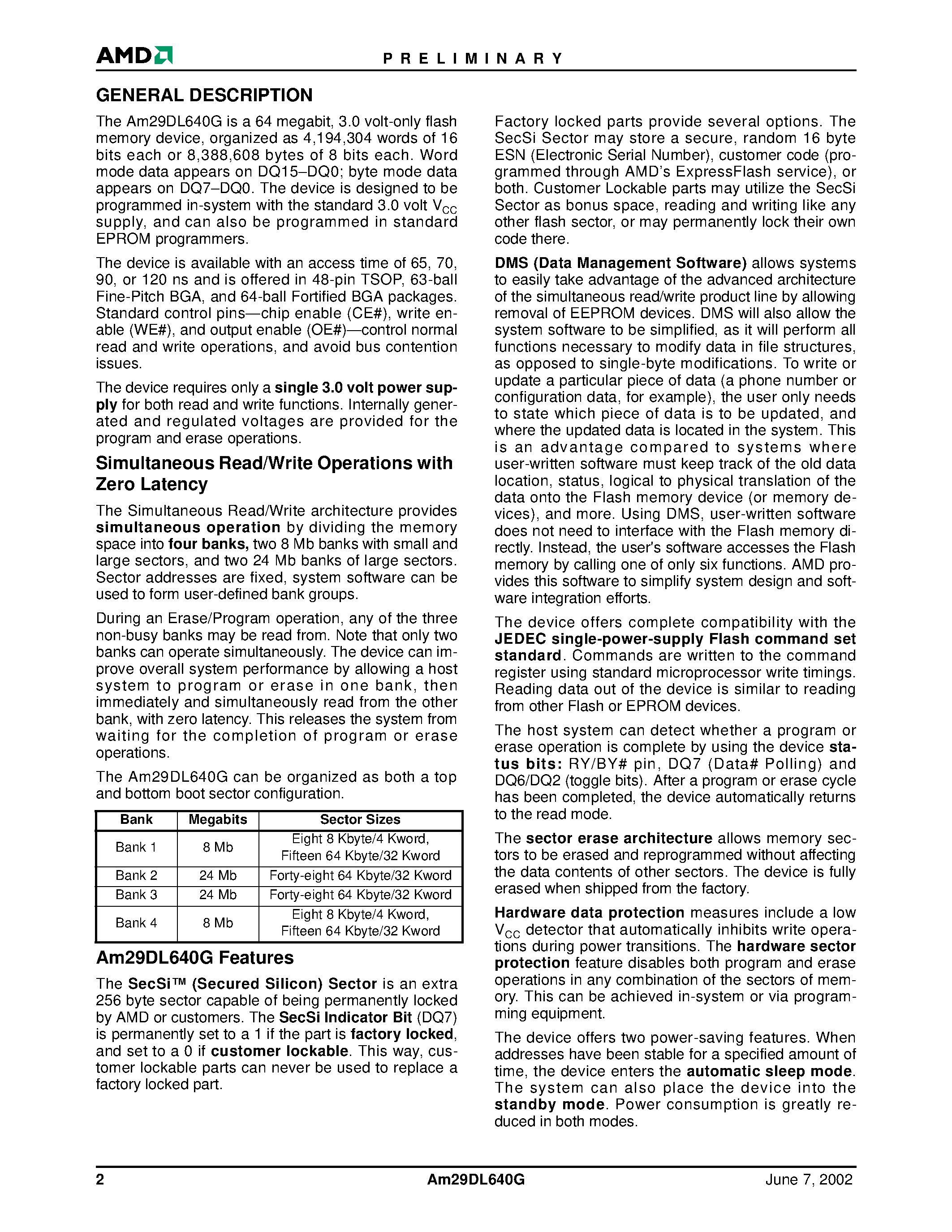 Datasheet AM29DL640G - 64 Megabit CMOS 3.0 Volt-only / Simultaneous Read/Write Flash Memory page 2