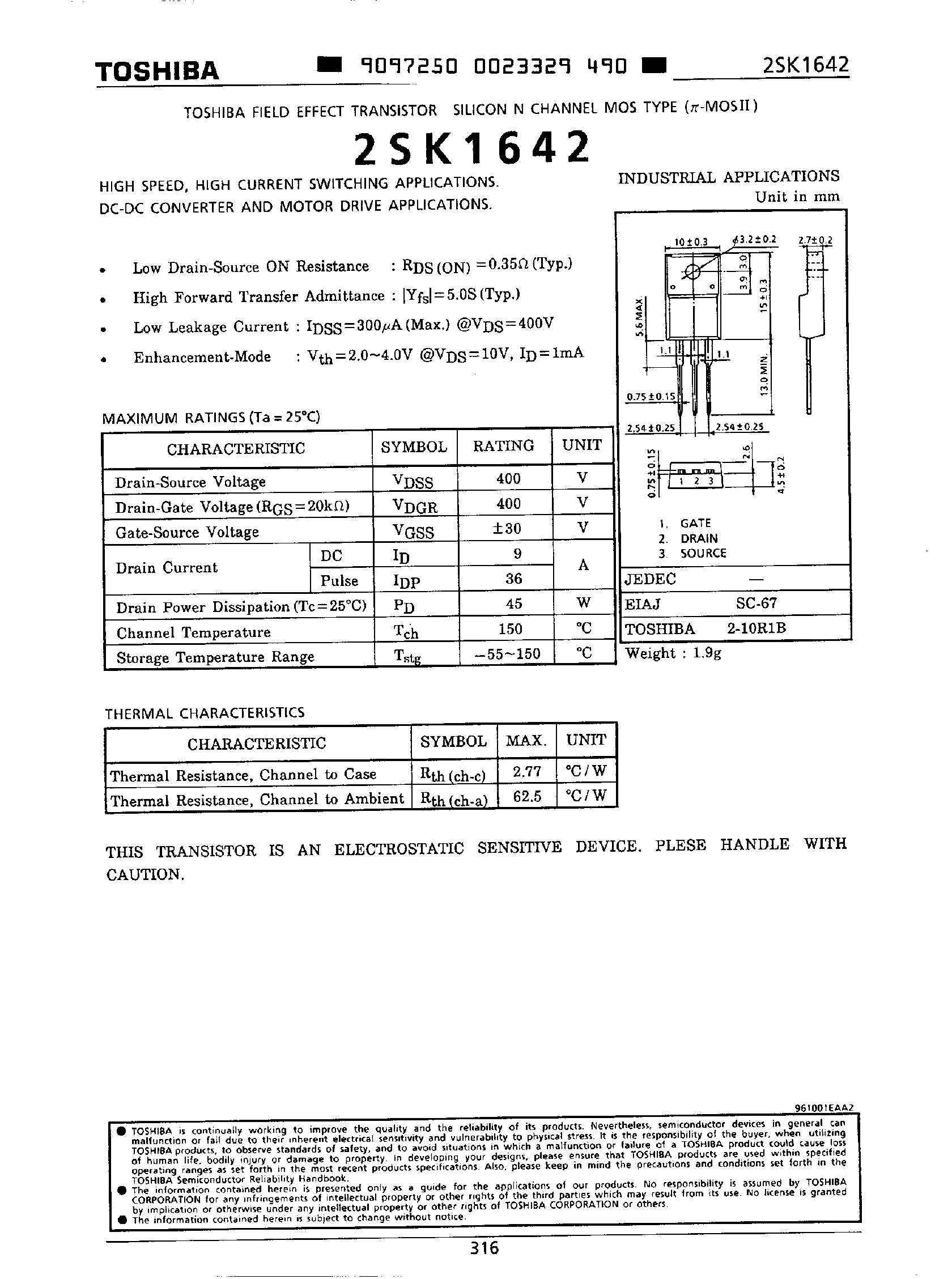 Даташит на микросхему 2SK1642 страница 1 Даташит 2SK1642 - DC/DC Converter and Motor Drive Applications страница 1