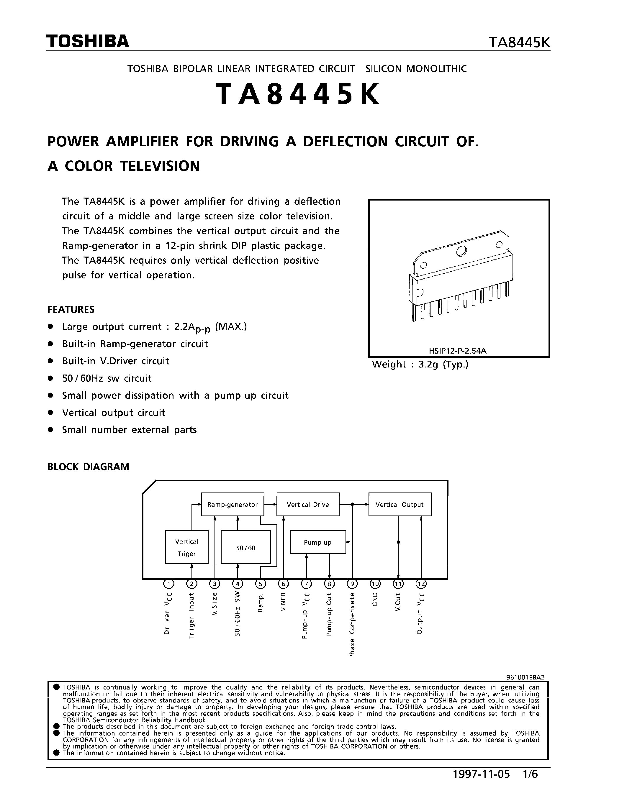 Datasheet TA8445K - POWER AMPLIFIER FOR DRIVING A DEFLECTION CIRCUIT OF A COLOR TELEVISION page 1