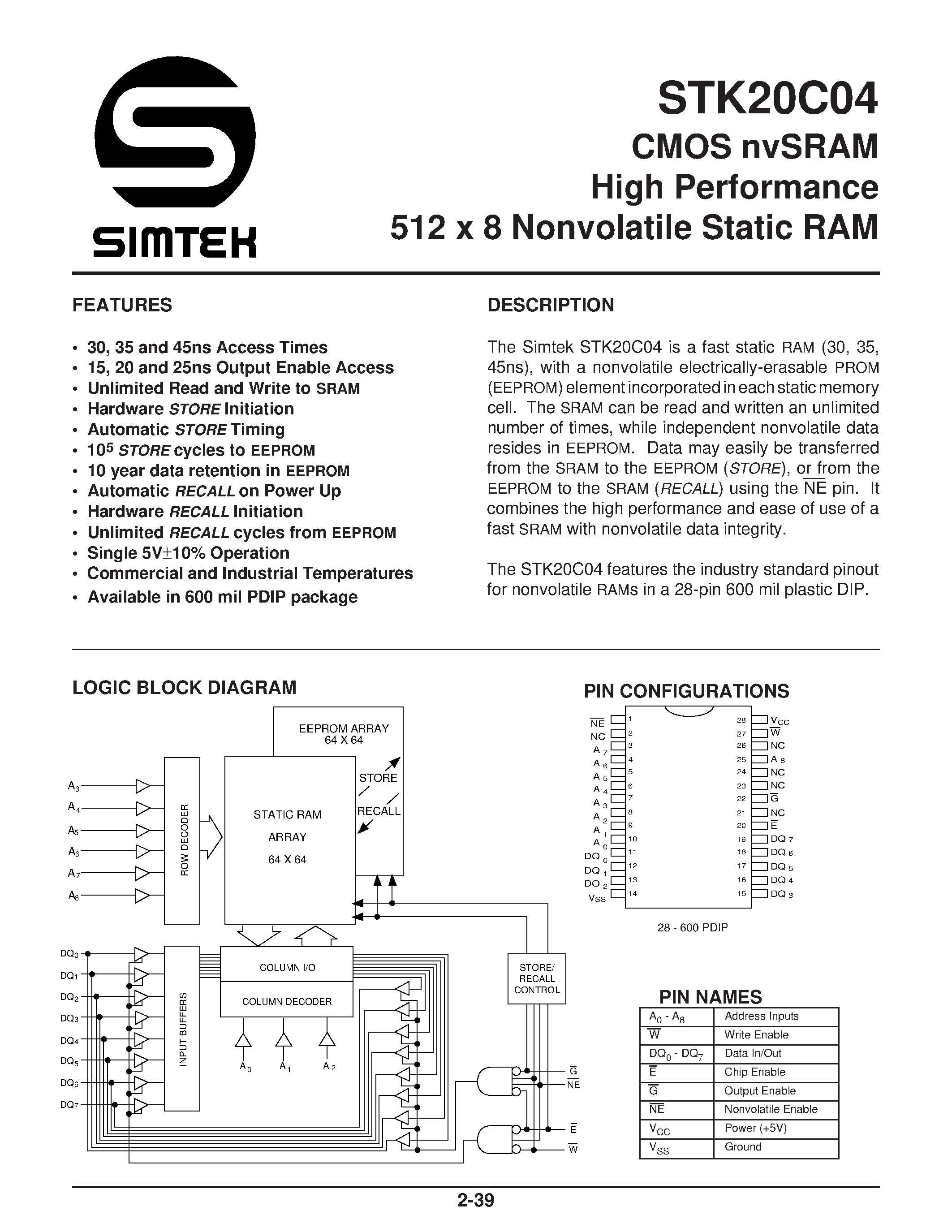 Даташит STK20C04 - CMOS nvSRAM High Performance 512 x 8 Nonvolatile Static RAM страница 1