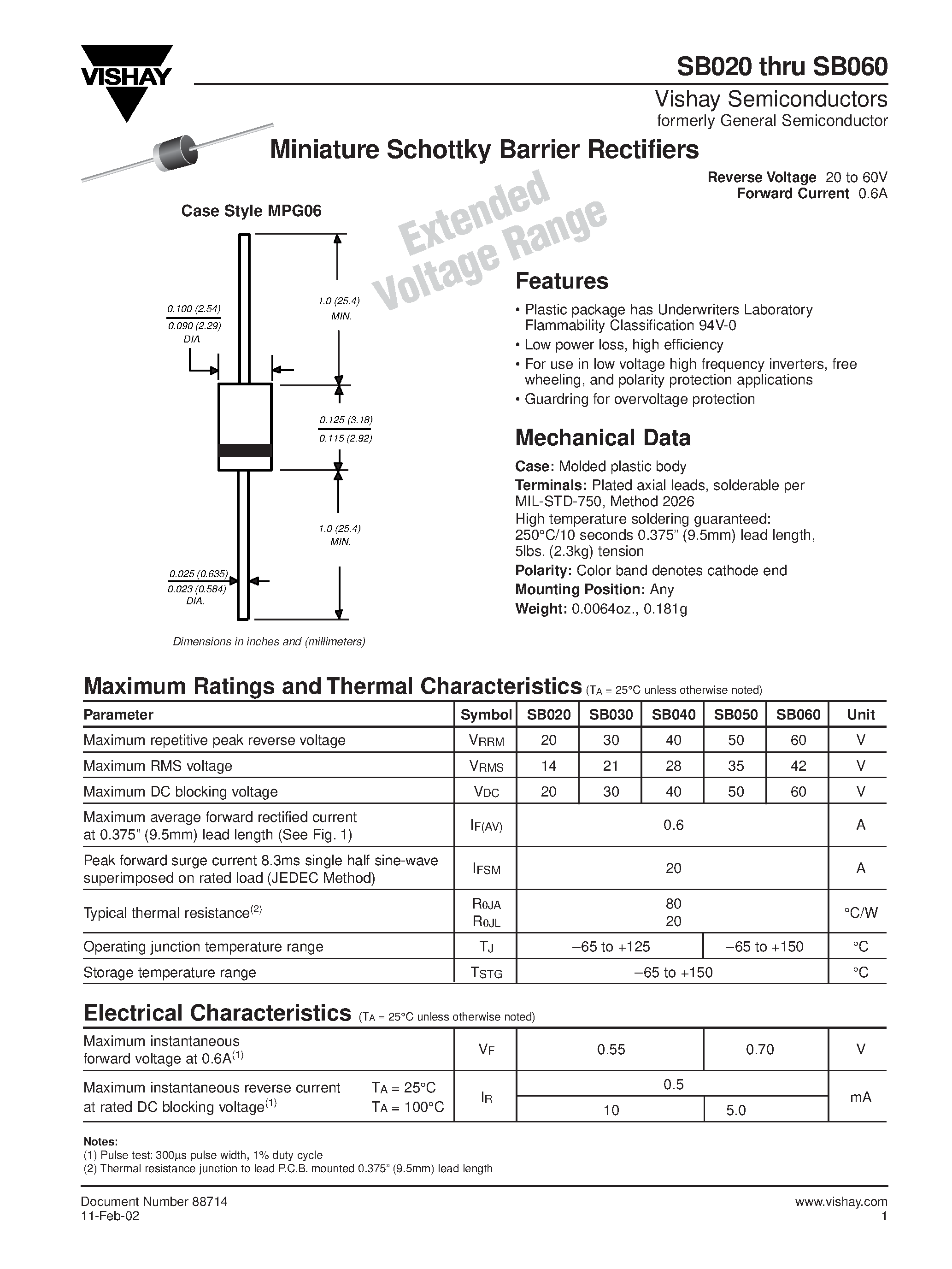 Datasheet SB050 page 1 Datasheet SB050 - Miniature Schottky Barrier Rectifiers page 1