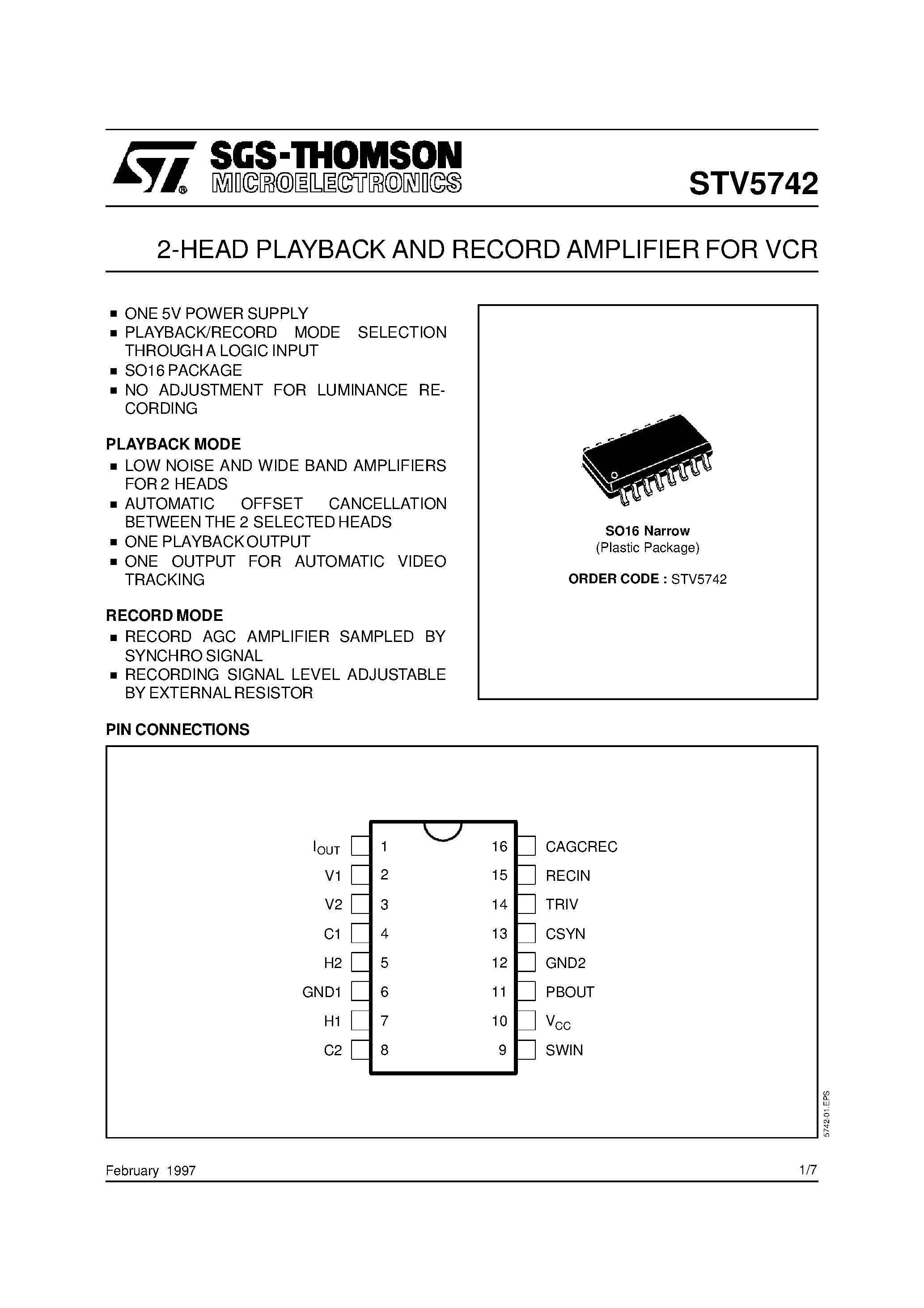 Datasheet STV5742 - 2-HEAD PLAYBACK AND RECORD AMPLIFIER FOR VCR page 1