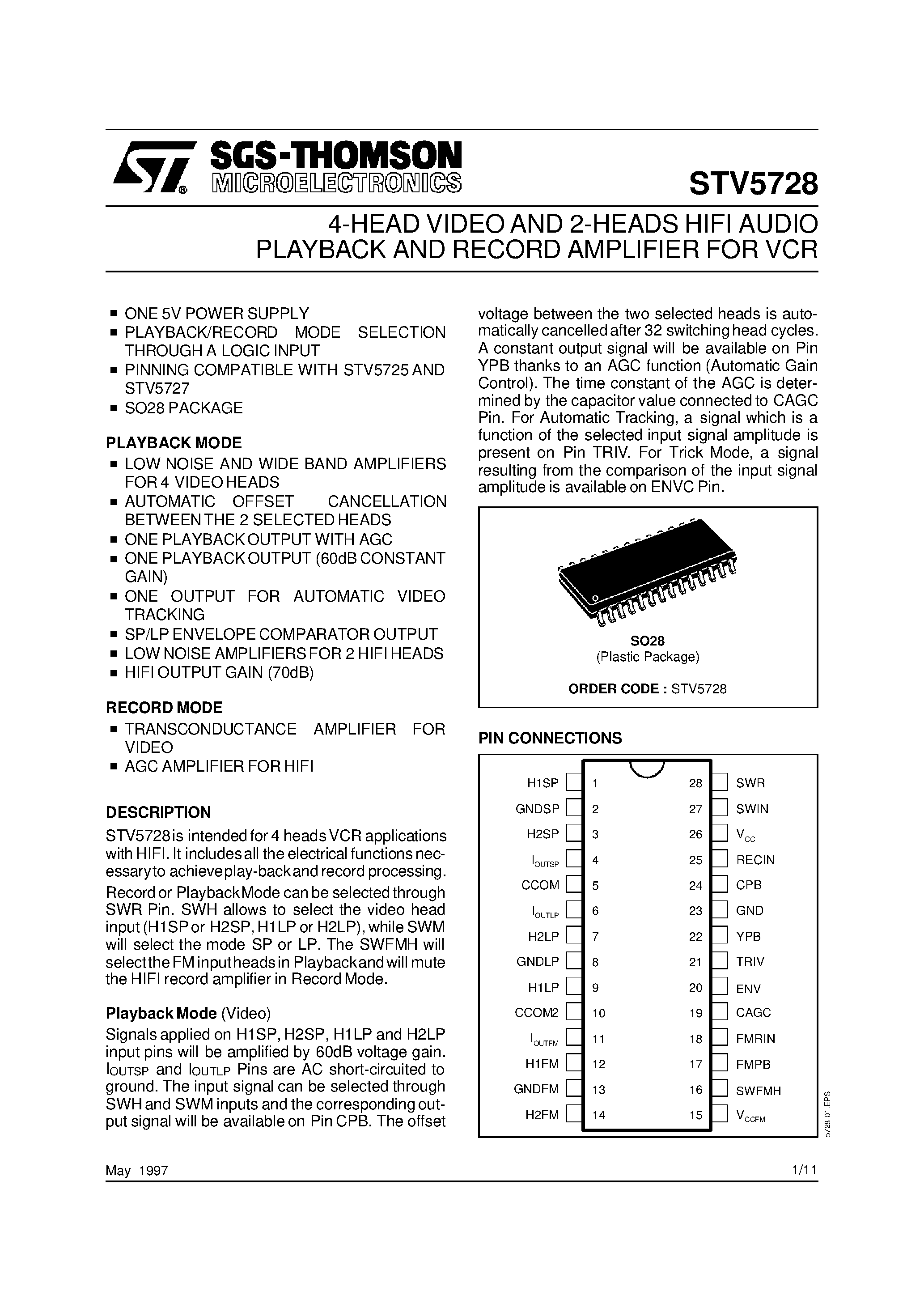 Datasheet STV5728 - 4-HEAD VIDEO AND 2-HEADS HIFI AUDIO PLAYBACK AND RECORD AMPLIFIER FOR VCR page 1