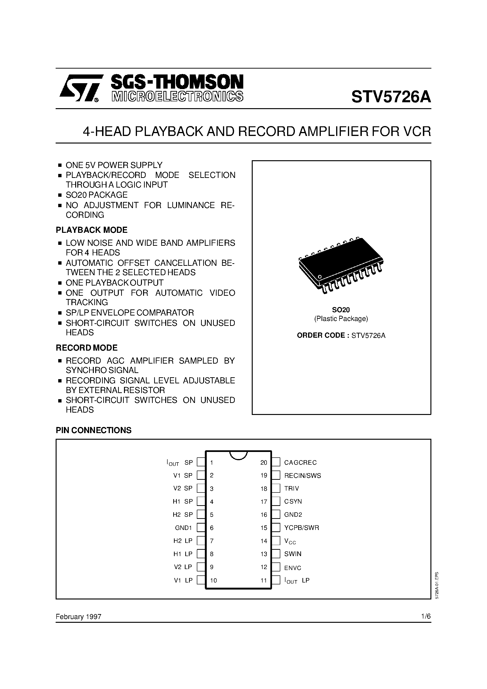 Datasheet STV5726A - 2-HEAD PLAYBACK AND RECORD AMPLIFIER FOR VCR page 1
