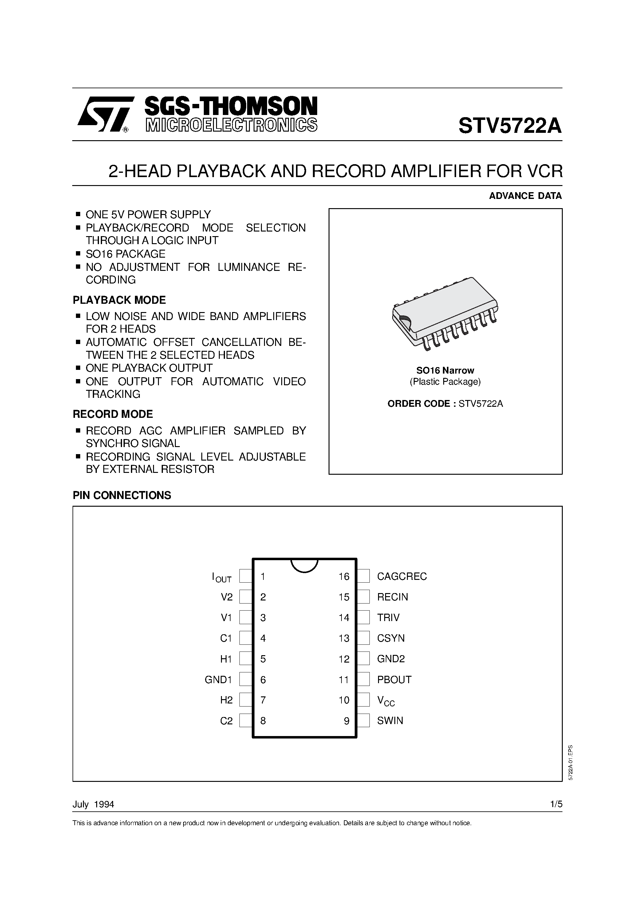 Datasheet STV5722A - 2-HEAD PLAYBACK AND RECORD AMPLIFIER FOR VCR page 1