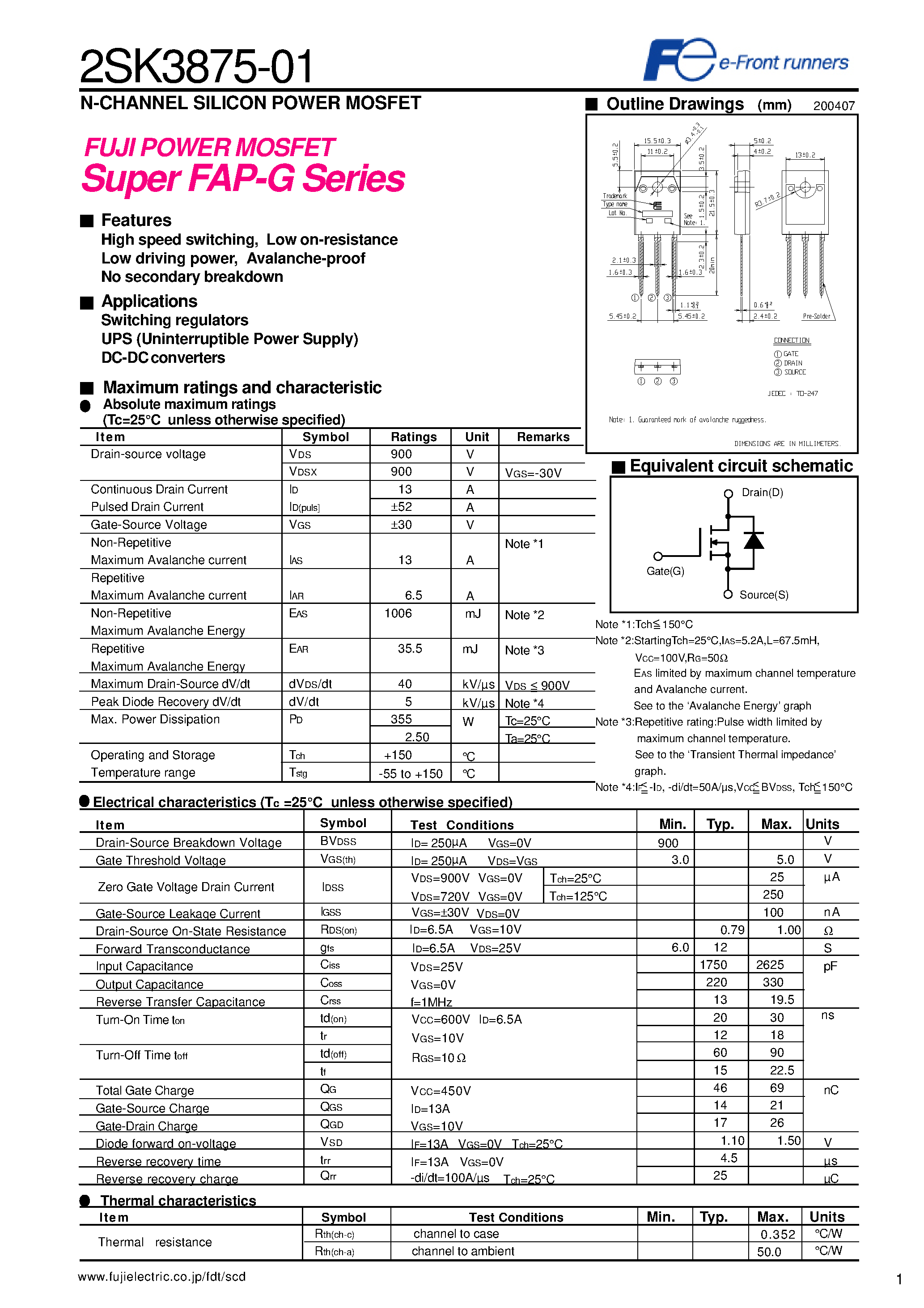 Даташит на микросхему 2SK3875-01 страница 1 Даташит 2SK3875-01 - Power MOSFET / Super FAP-G Series страница 1