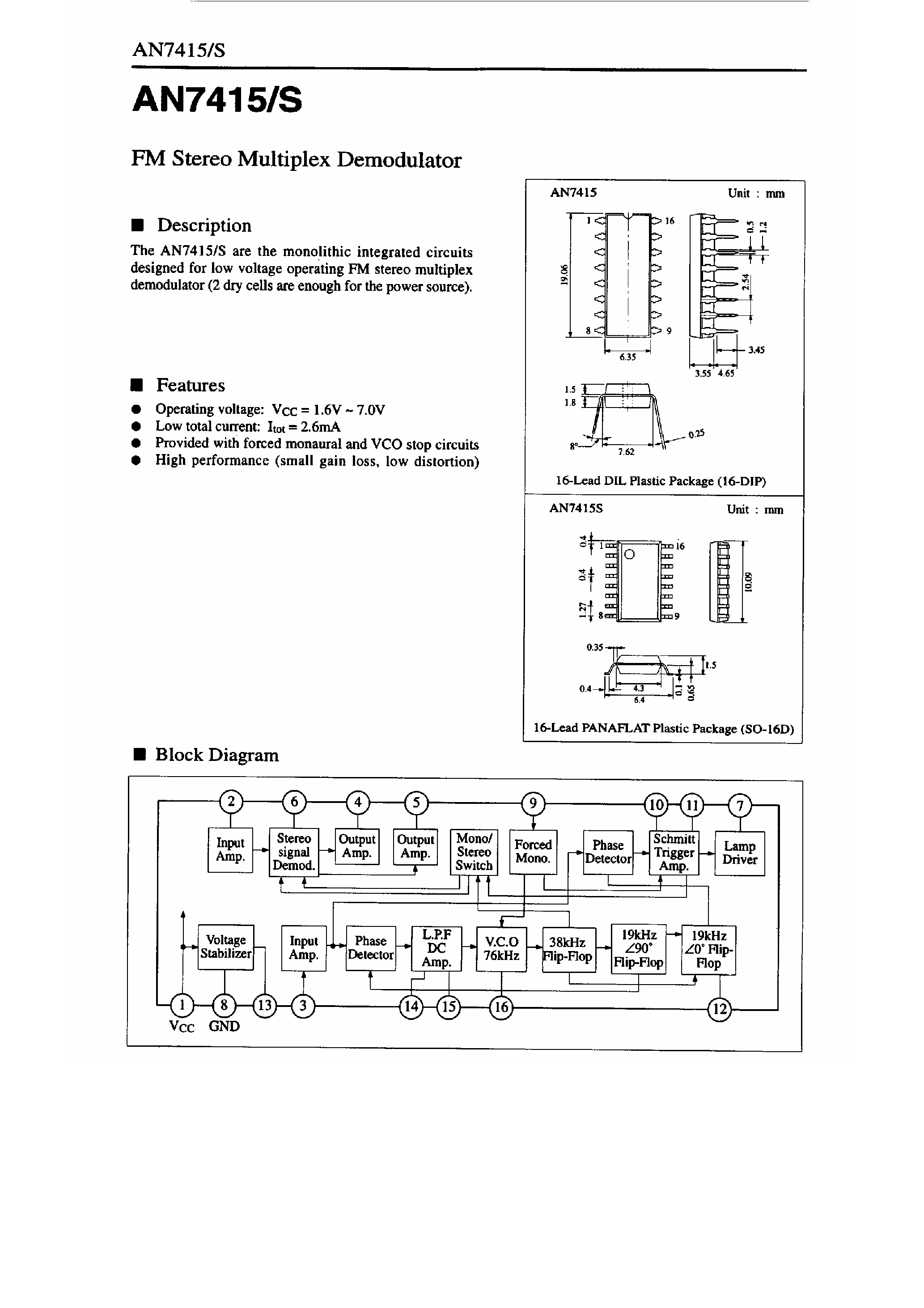Даташит AN7415 - FM Stereo Multiplex Demodulator страница 1