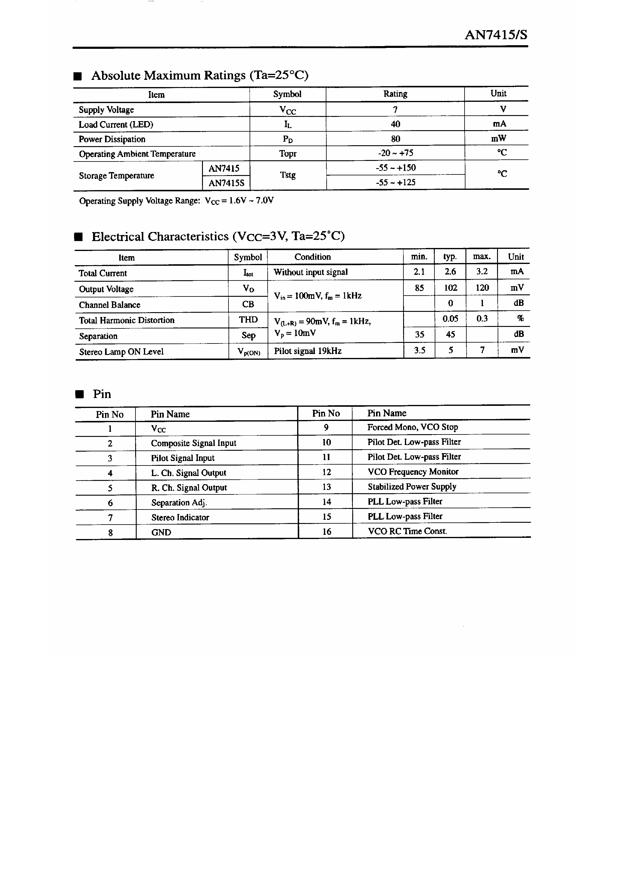 Даташит AN7415 - FM Stereo Multiplex Demodulator страница 2