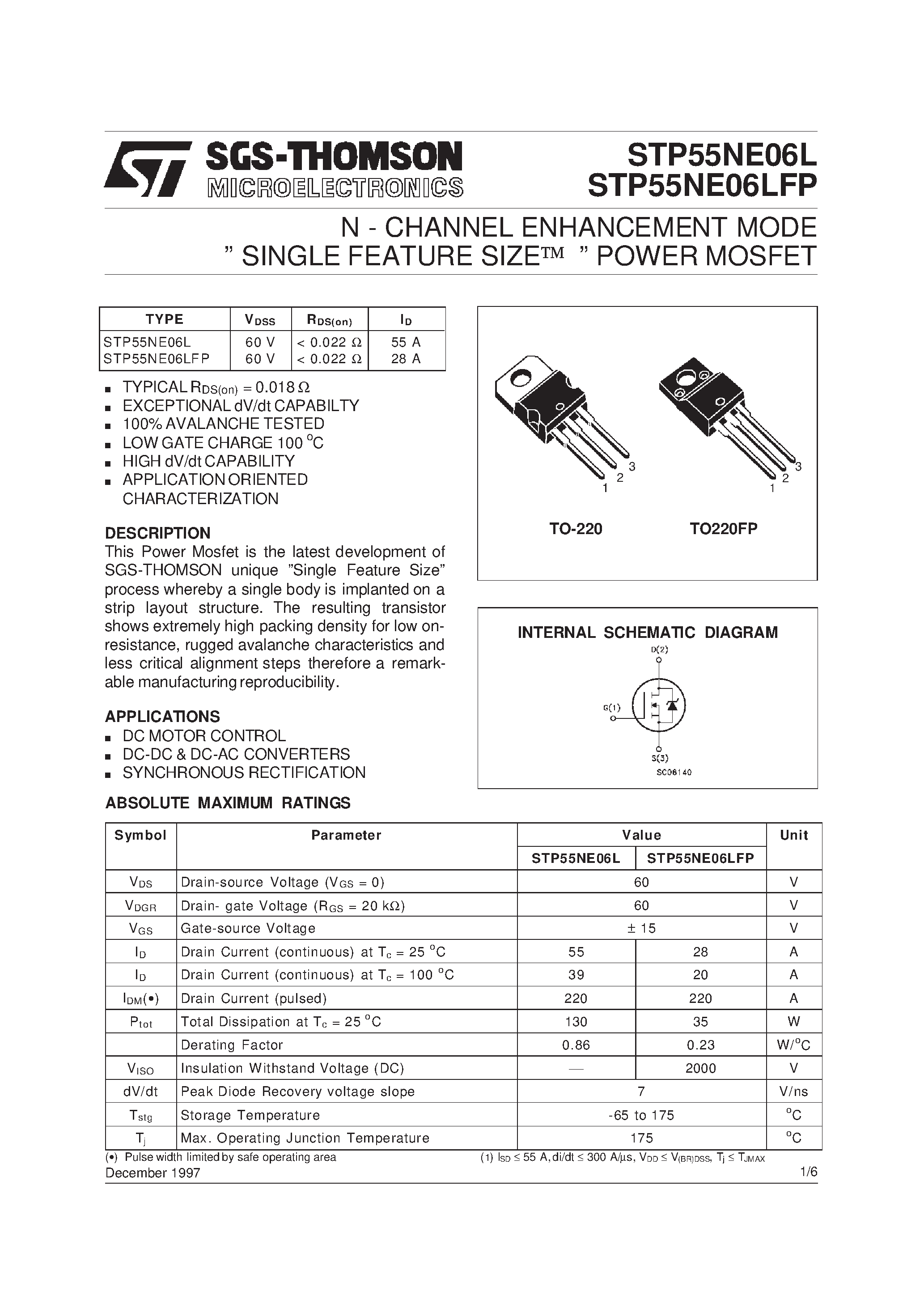 Datasheet STP55NE06L - N - CHANNEL ENHANCEMENT MODE SINGLE FEATURE SIZE POWER MOSFET page 1