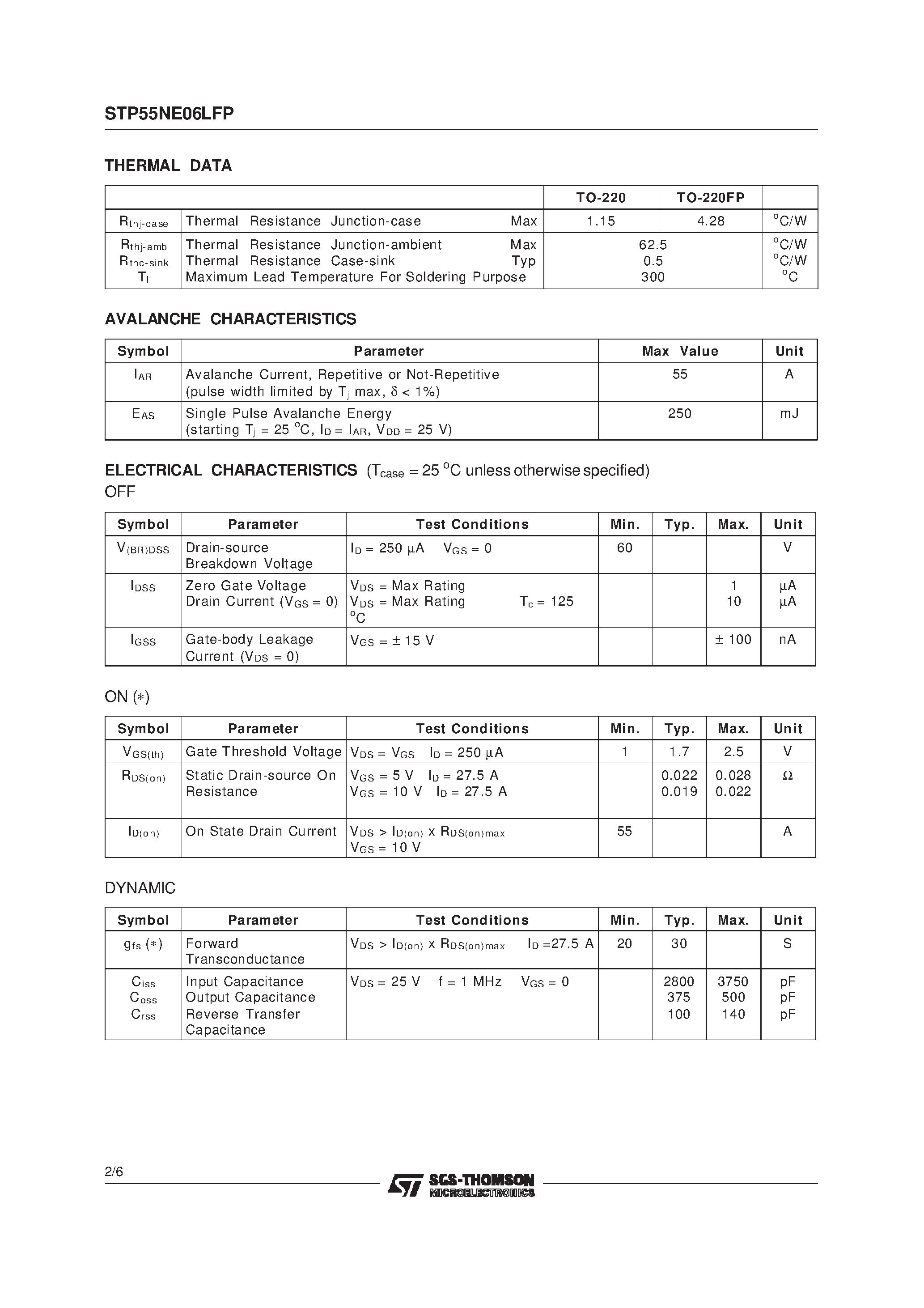 Datasheet STP55NE06L - N - CHANNEL ENHANCEMENT MODE SINGLE FEATURE SIZE POWER MOSFET page 2