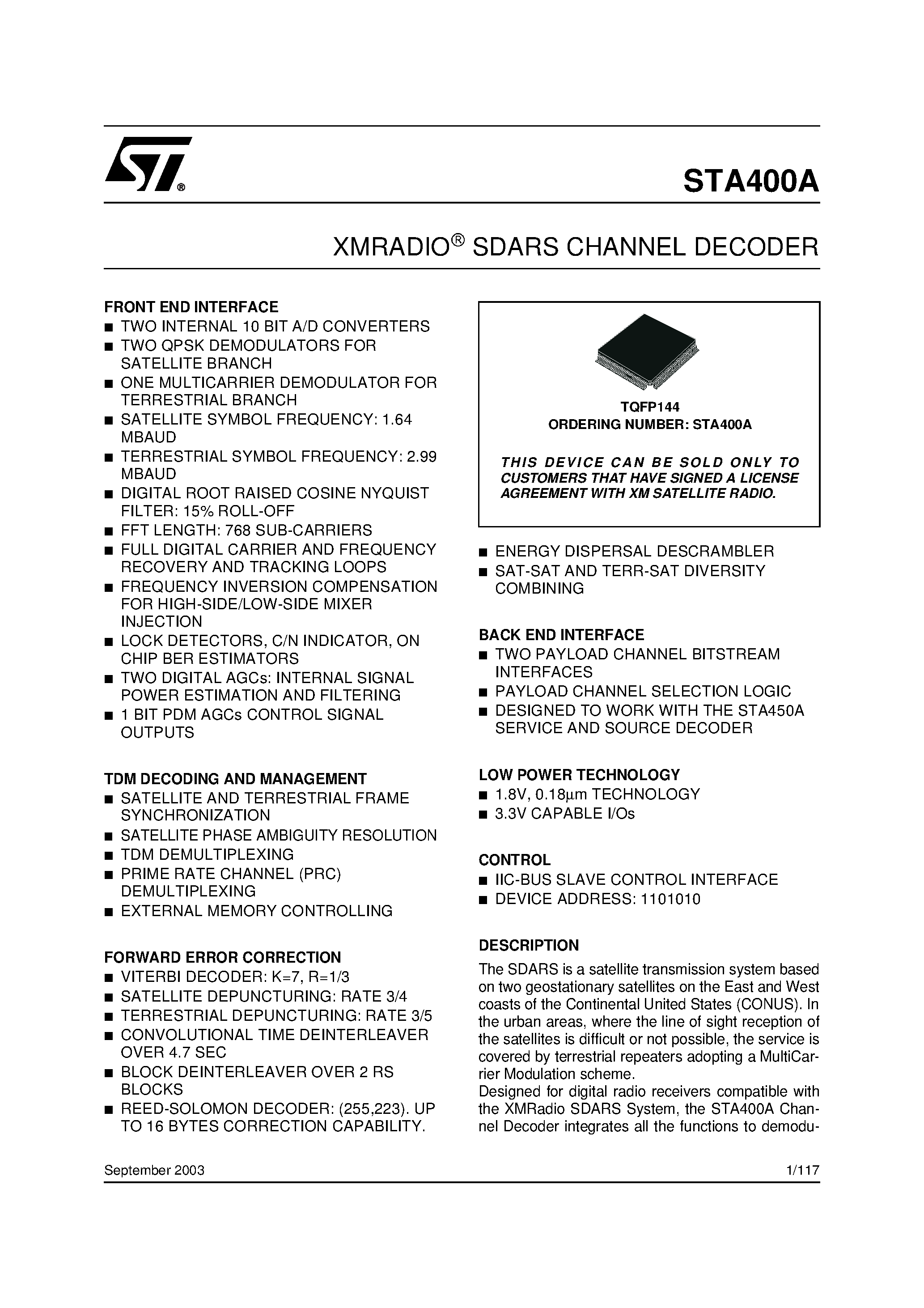 Datasheet STA400A page 1 Datasheet STA400A - XMRADIO SDARS CHANNEL DECODER page 1